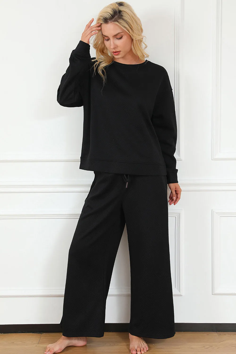 Preorder Textured Long Sleeve Top and Drawstring Pants Set