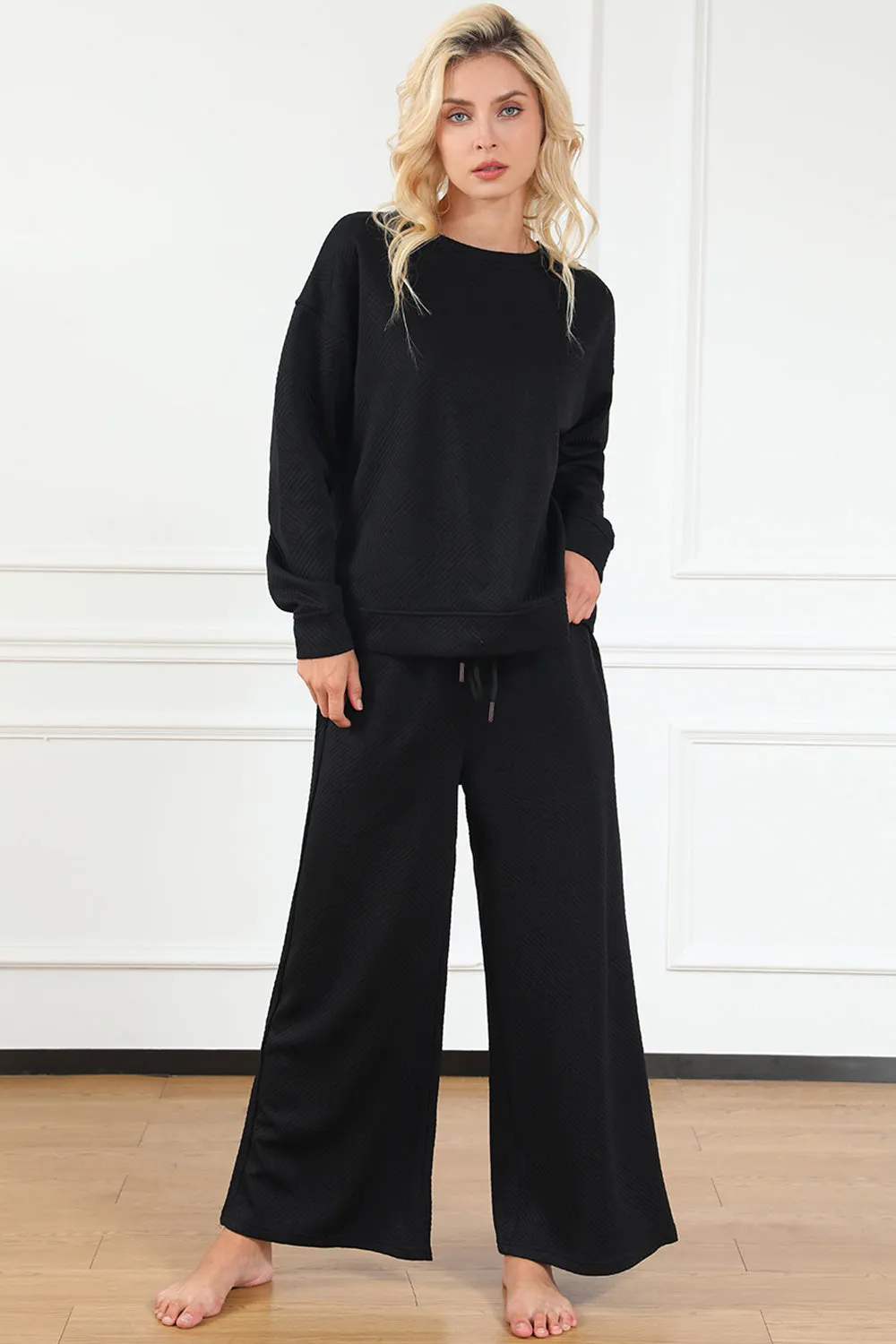 Preorder Textured Long Sleeve Top and Drawstring Pants Set