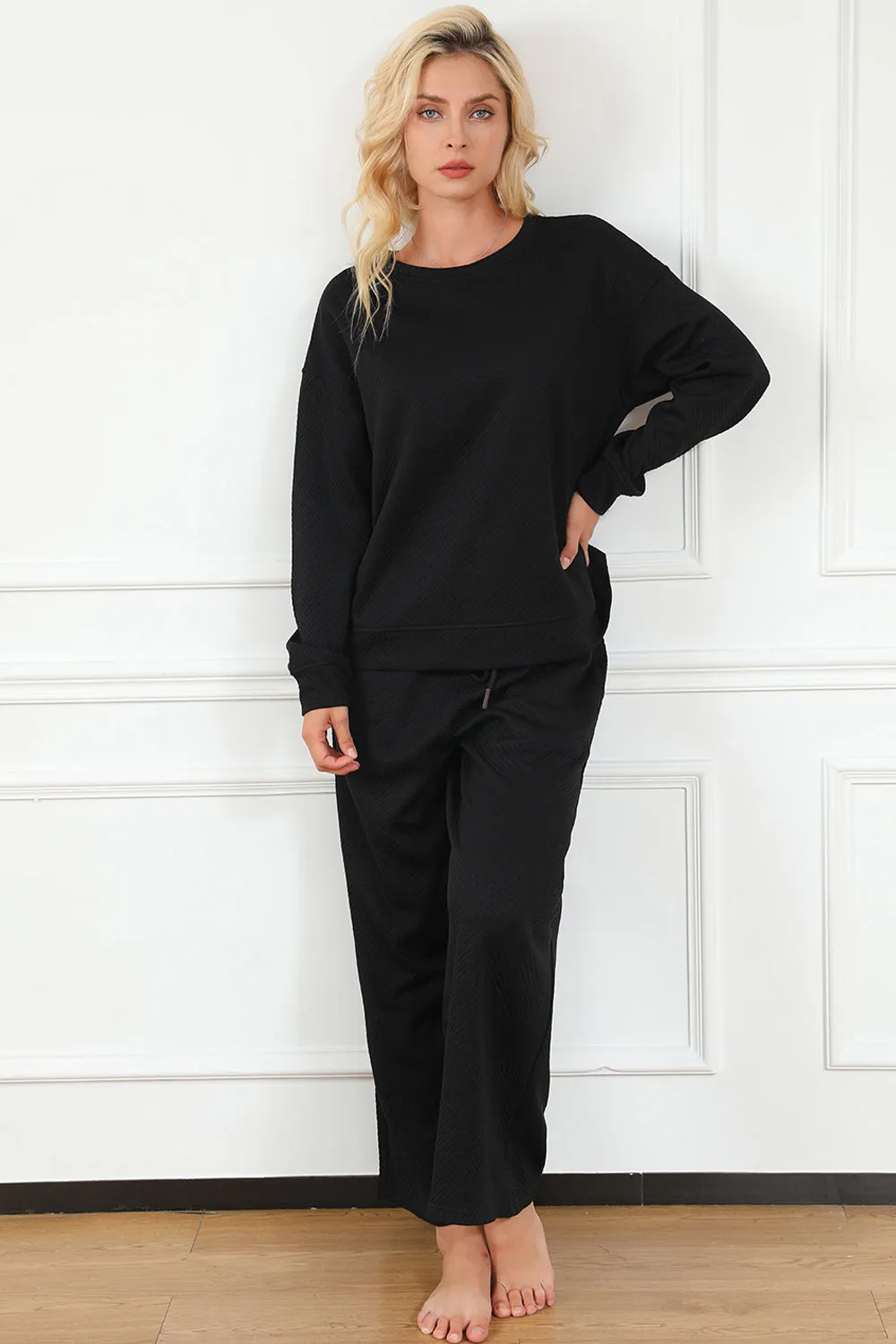 Preorder Textured Long Sleeve Top and Drawstring Pants Set