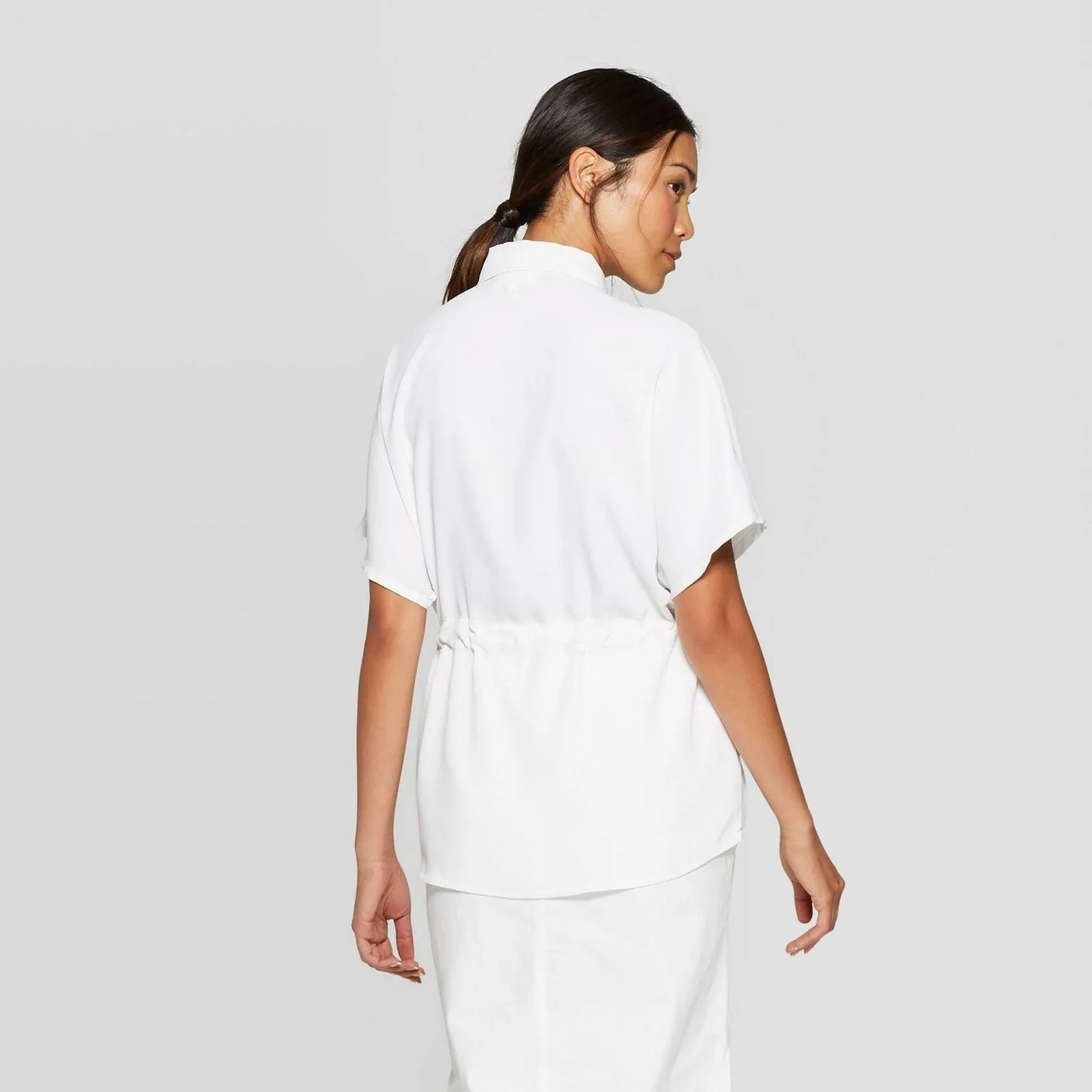 Prologue Women's Short Sleeve Button-Down Blouse with Waist Tie