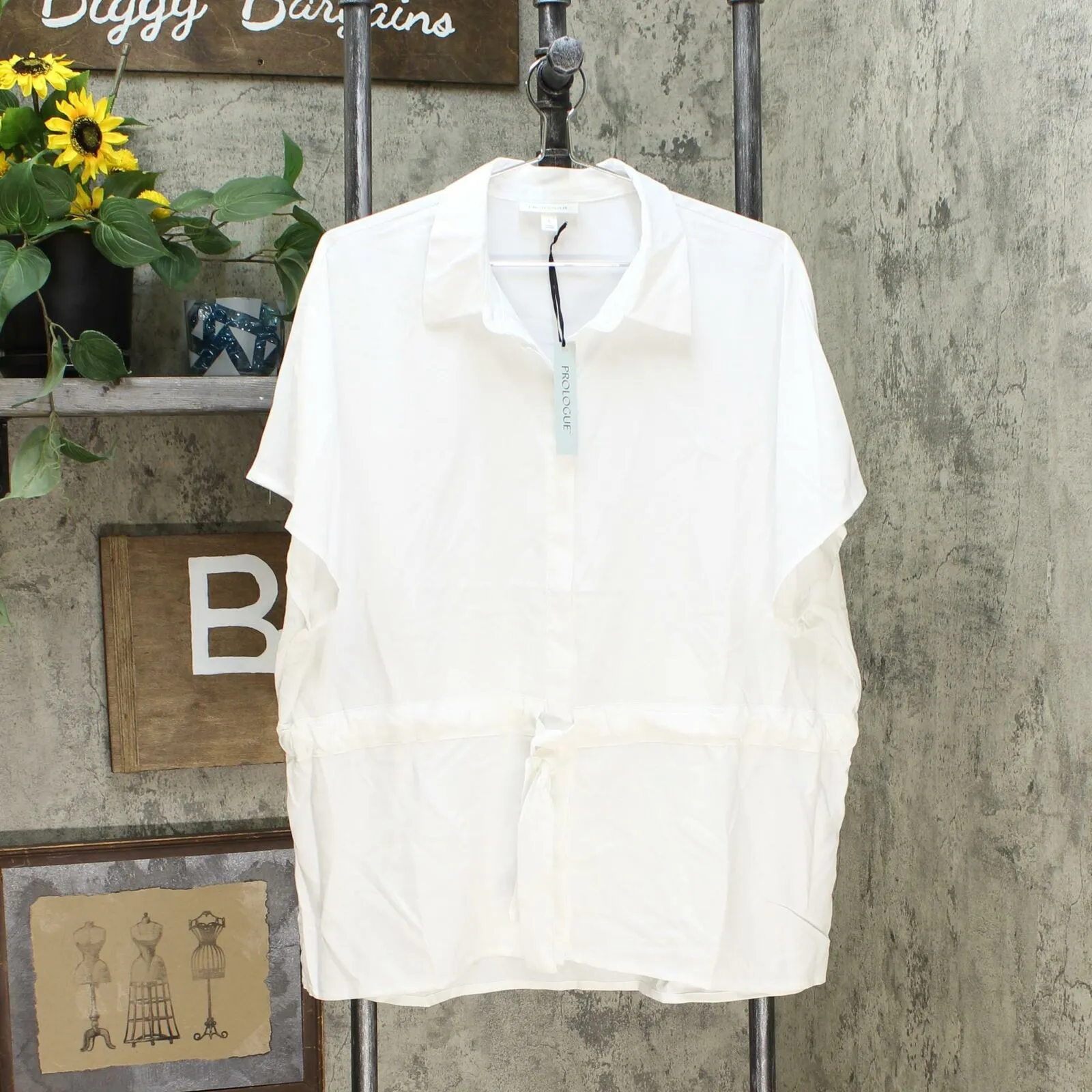 Prologue Women's Short Sleeve Button-Down Blouse with Waist Tie