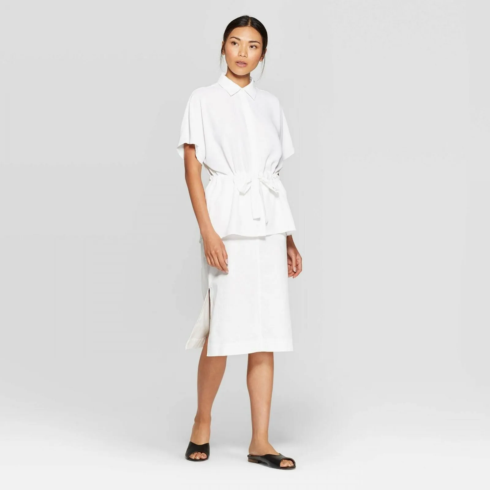 Prologue Women's Short Sleeve Button-Down Blouse with Waist Tie
