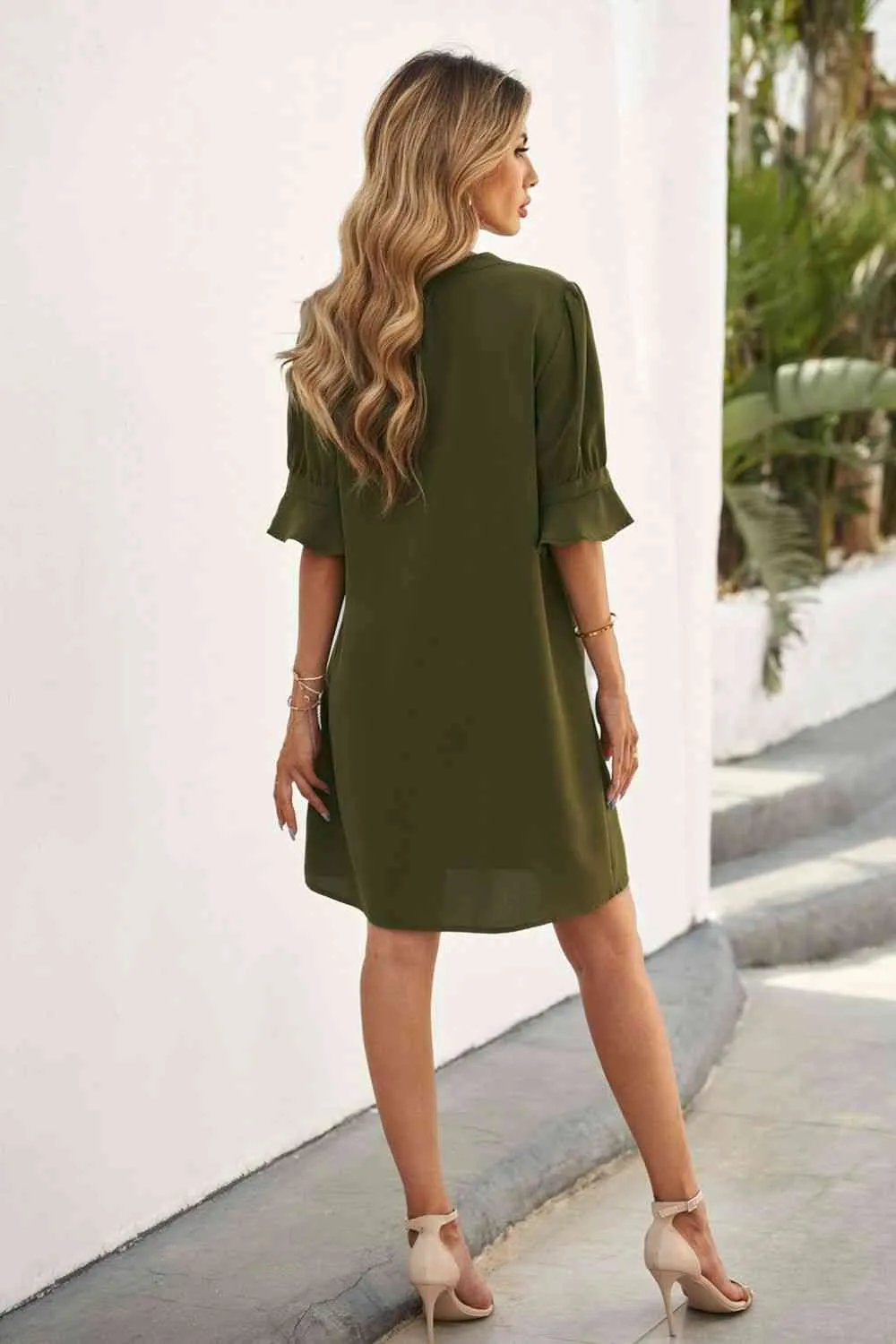Puff Sleeve Notched Mini Shift Dress