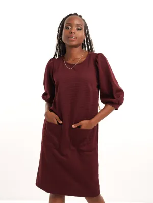 Puff Sleeve Shift Dress - Burgundy
