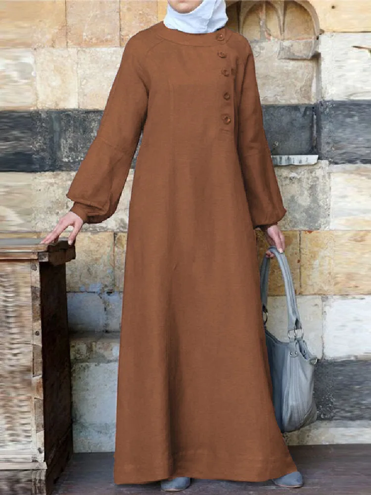 Pure Color Button Design Oblique Placket Puff Sleeve Kaftan Tunic Women Maxi Dress