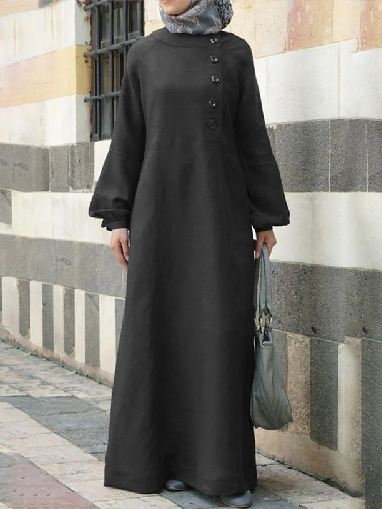 Pure Color Button Design Oblique Placket Puff Sleeve Kaftan Tunic Women Maxi Dress