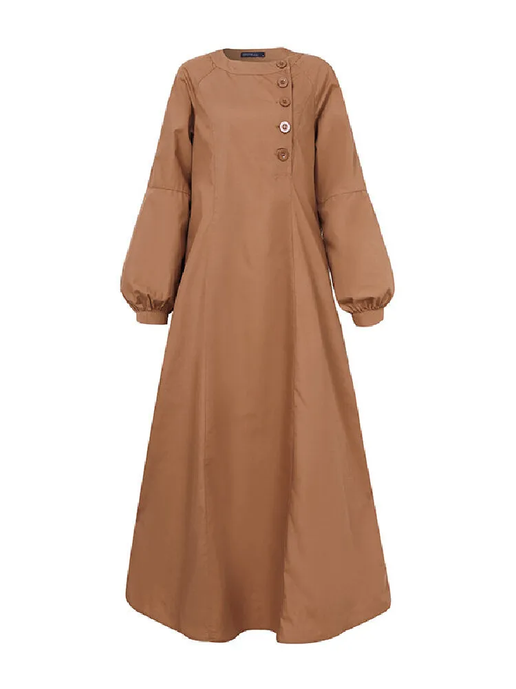 Pure Color Button Design Oblique Placket Puff Sleeve Kaftan Tunic Women Maxi Dress