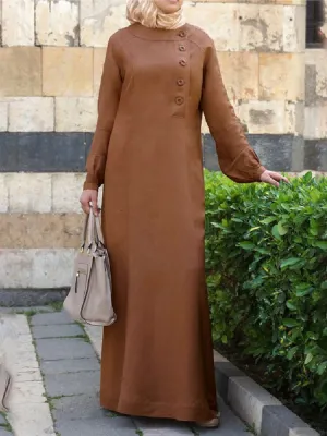 Pure Color Button Design Oblique Placket Puff Sleeve Kaftan Tunic Women Maxi Dress