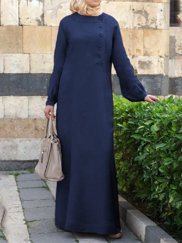 Pure Color Button Design Oblique Placket Puff Sleeve Kaftan Tunic Women Maxi Dress