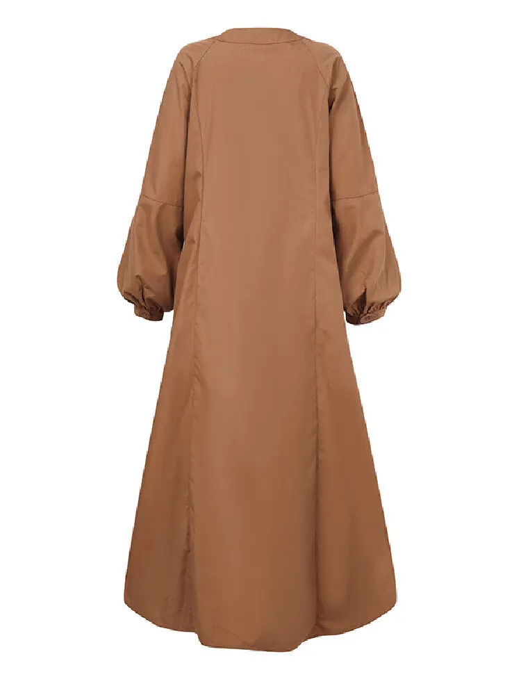 Pure Color Button Design Oblique Placket Puff Sleeve Kaftan Tunic Women Maxi Dress