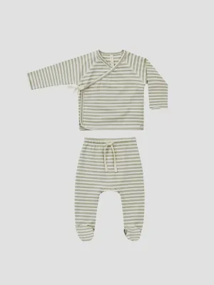 Quincy Mae - Wrap Top   Footed Pant Set - Sage Stipe