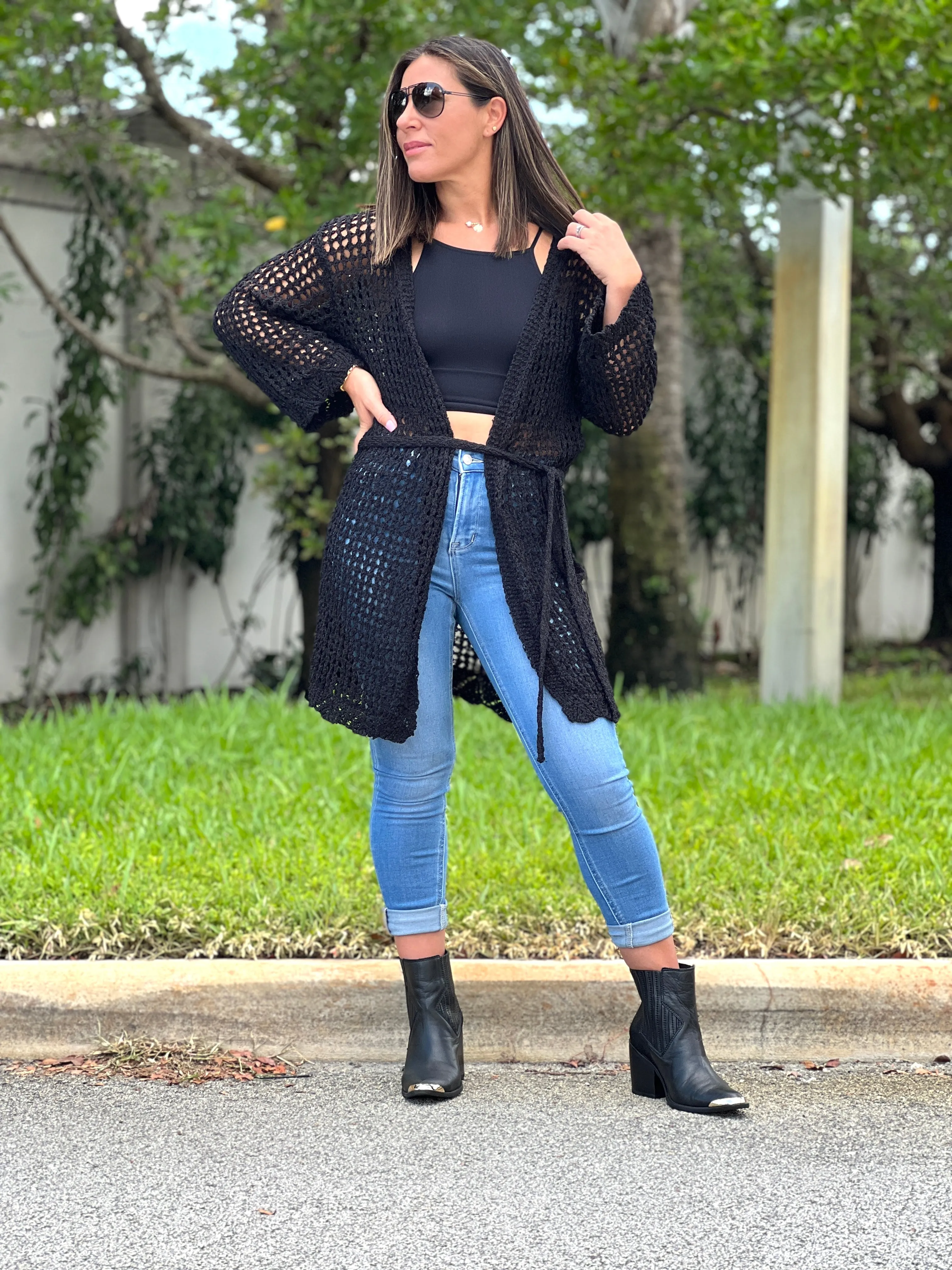 "Hanna" Open Crochet Belted Cardigan