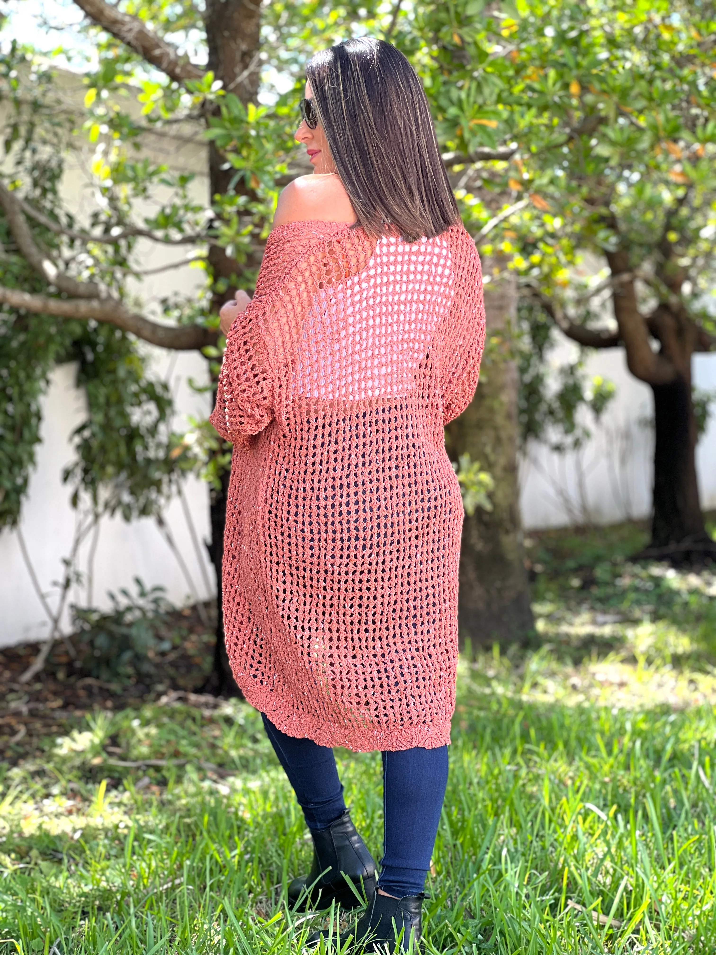 "Hanna" Open Crochet Belted Cardigan