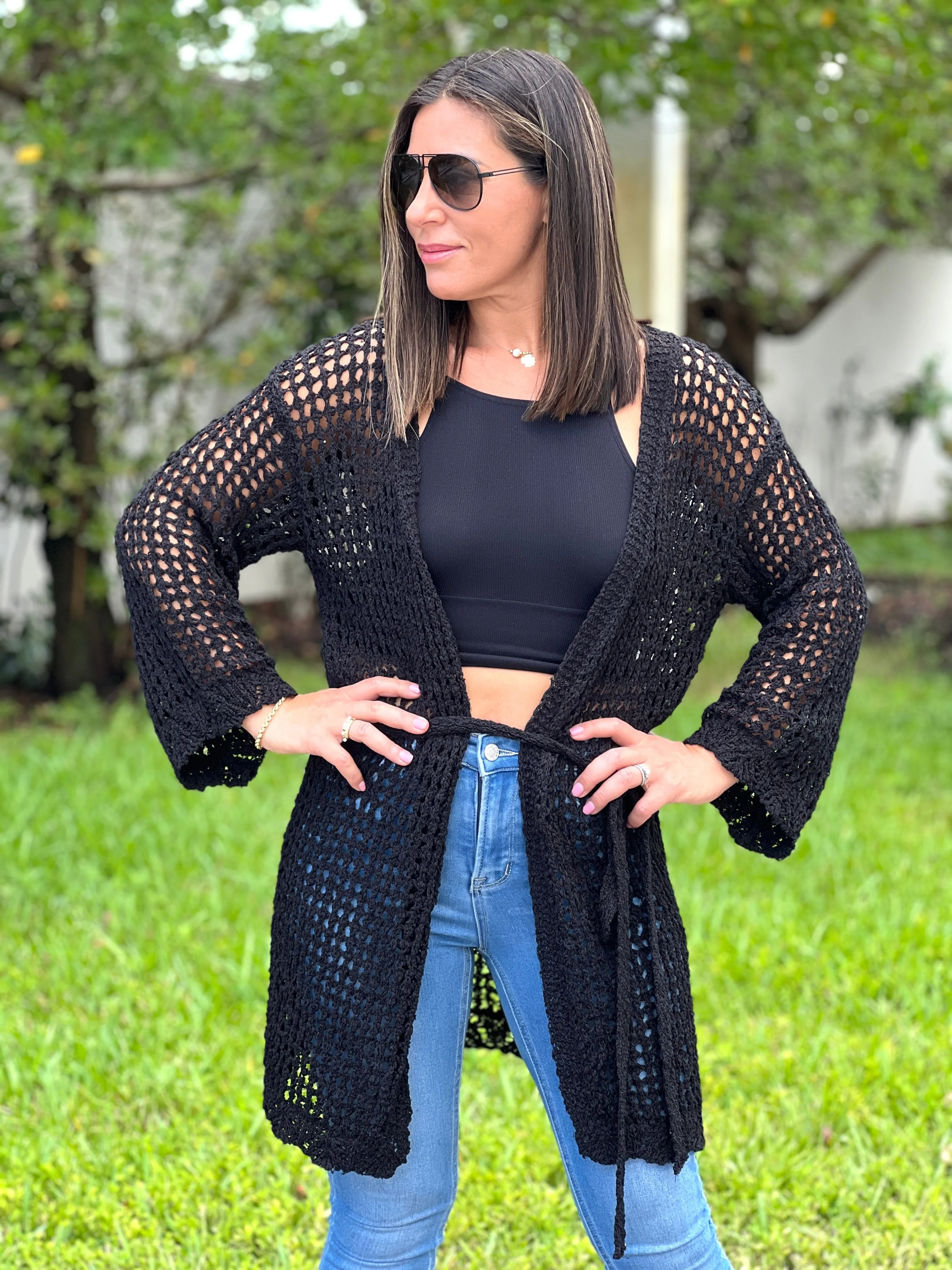 "Hanna" Open Crochet Belted Cardigan