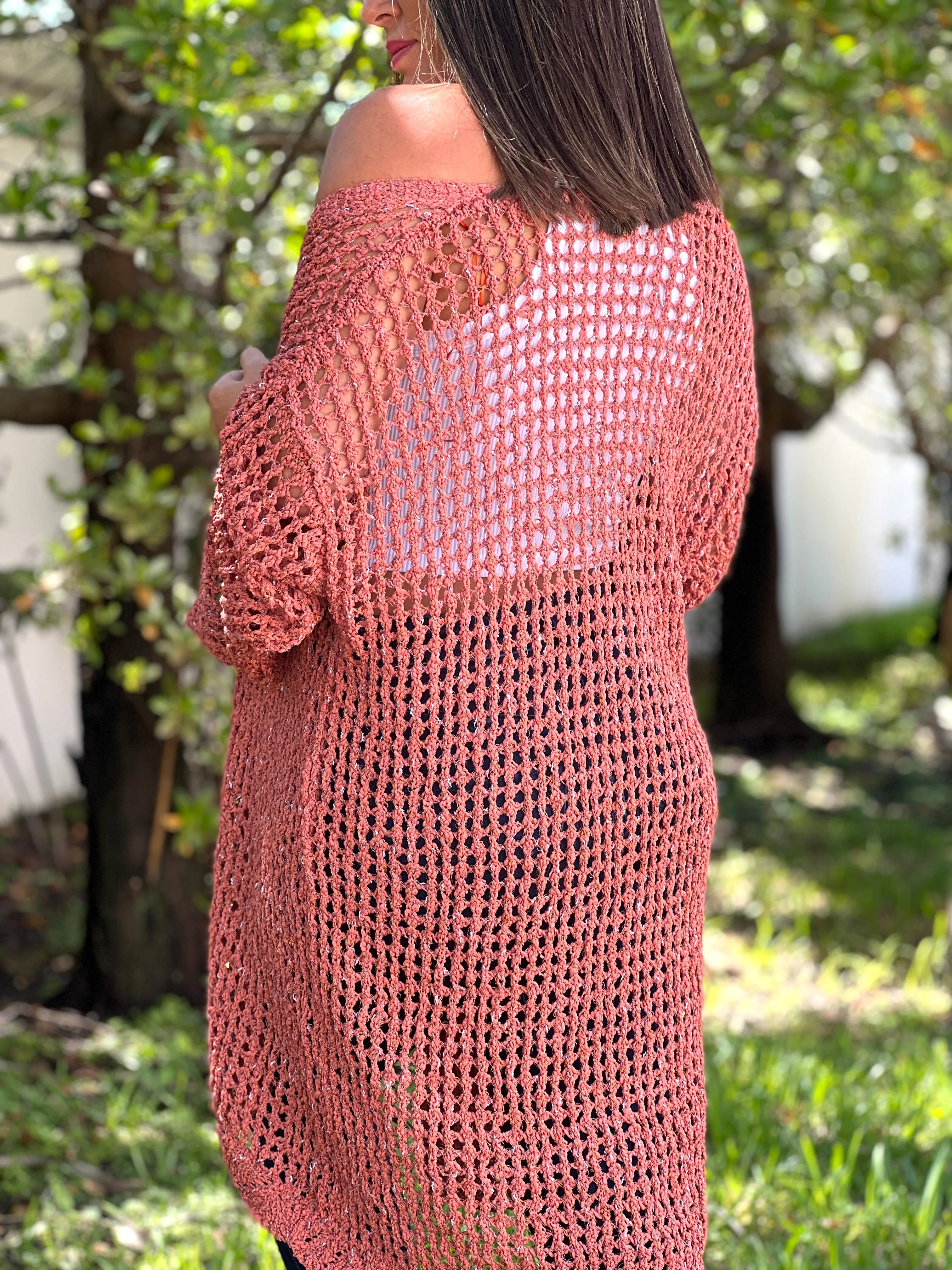 "Hanna" Open Crochet Belted Cardigan