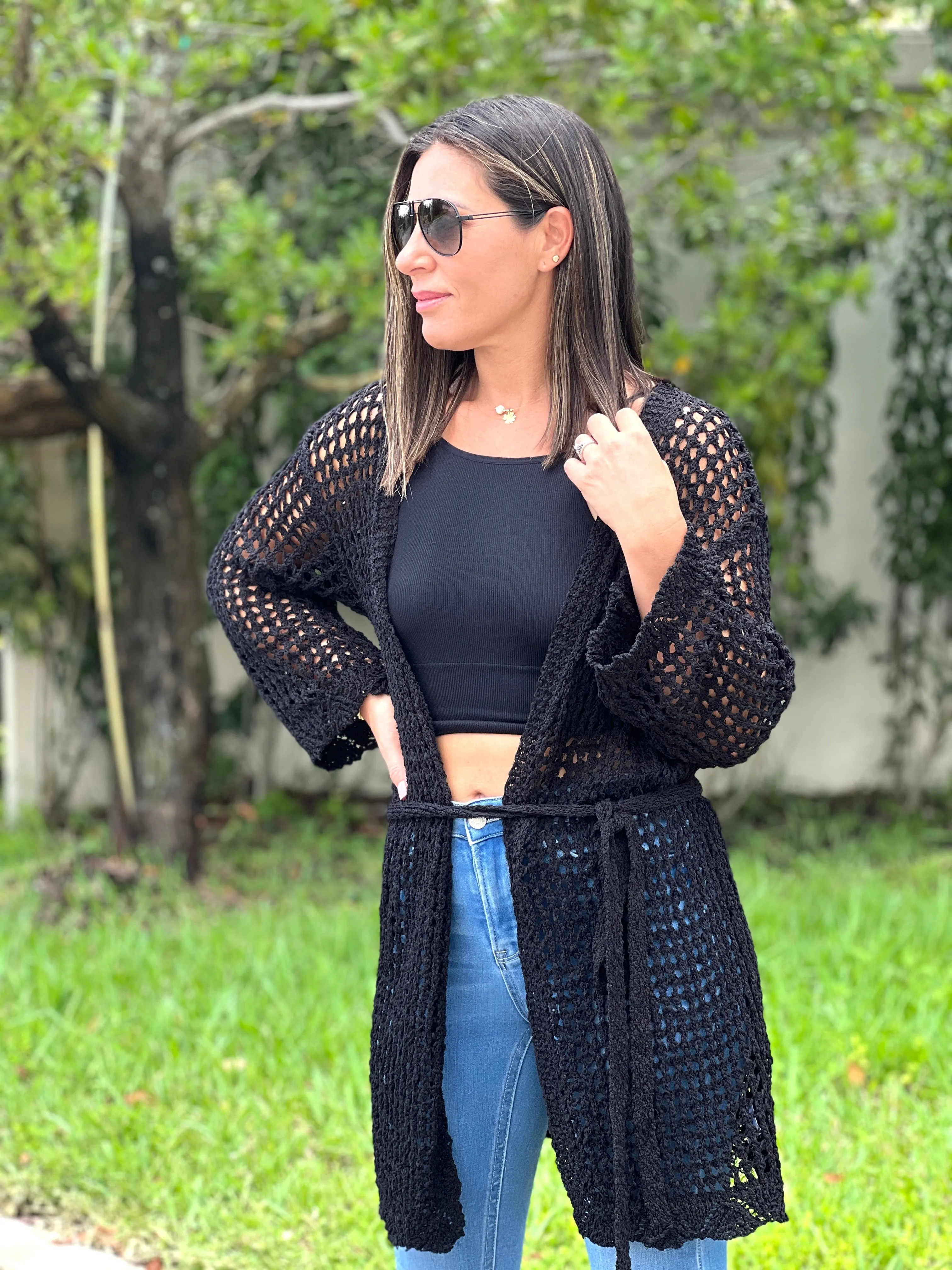 "Hanna" Open Crochet Belted Cardigan