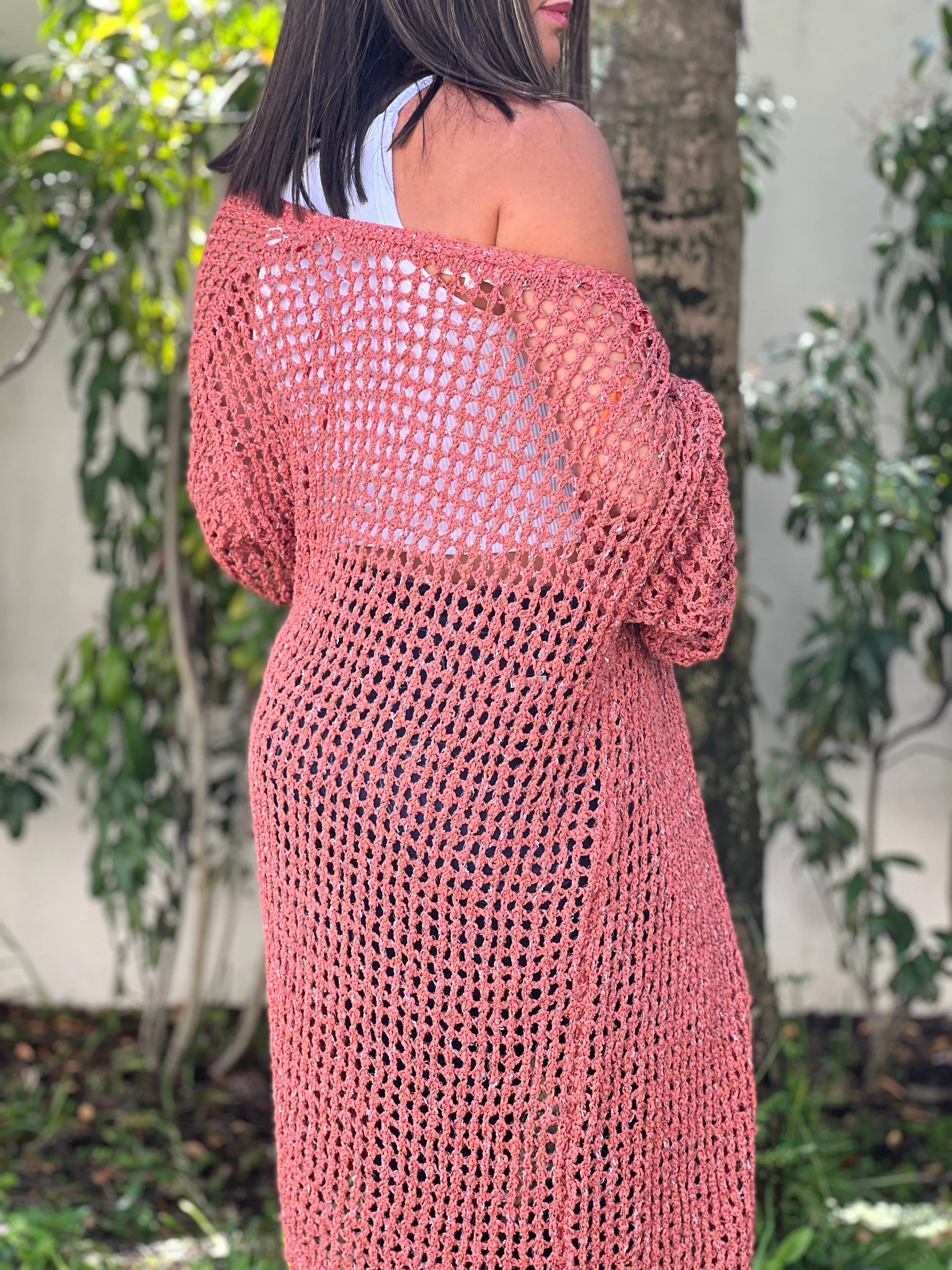 "Hanna" Open Crochet Belted Cardigan