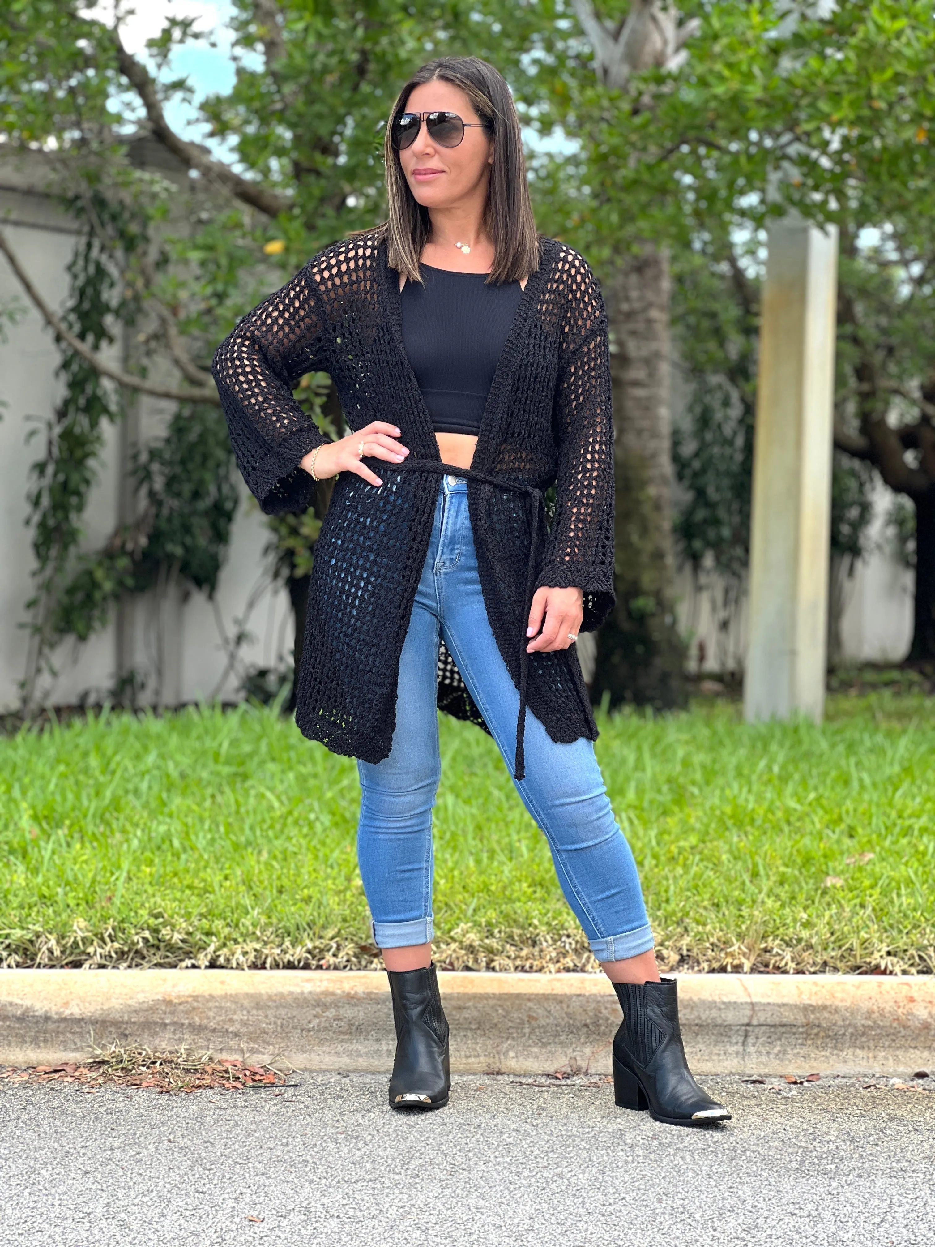 "Hanna" Open Crochet Belted Cardigan