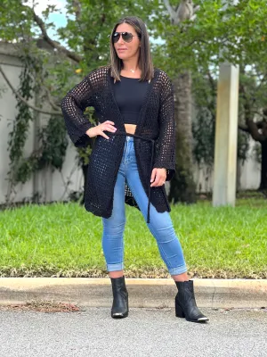 "Hanna" Open Crochet Belted Cardigan