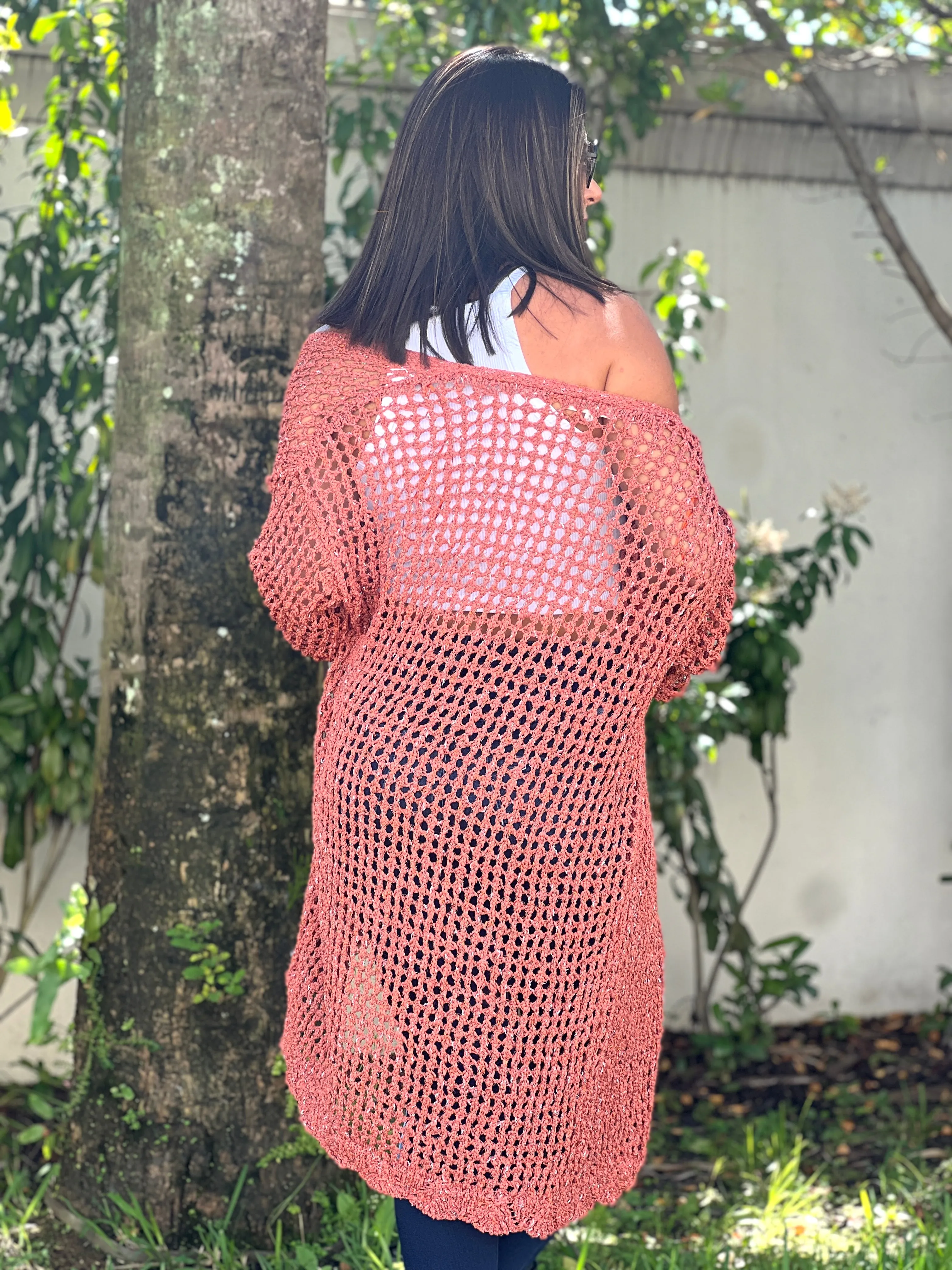 "Hanna" Open Crochet Belted Cardigan