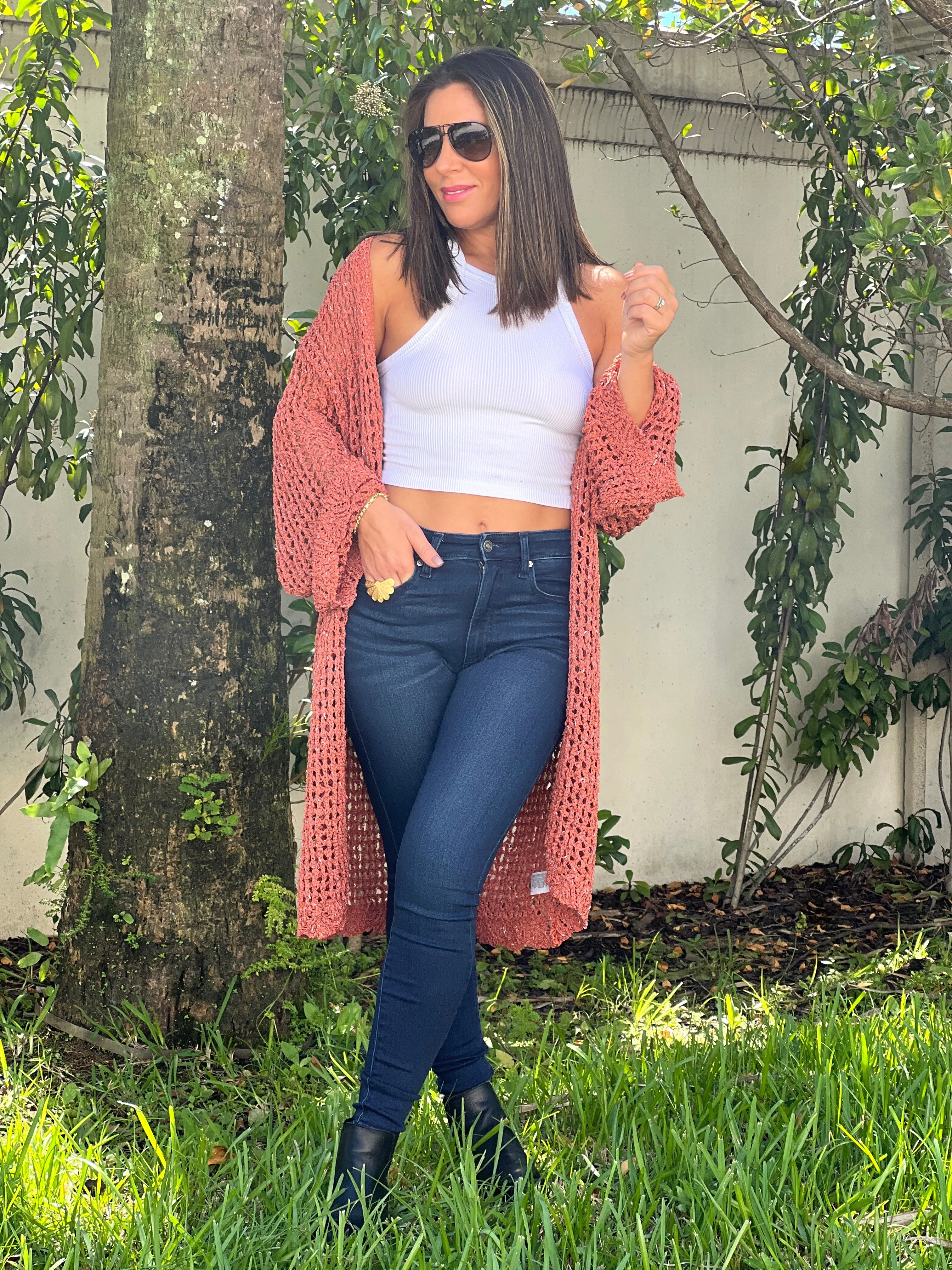 "Hanna" Open Crochet Belted Cardigan