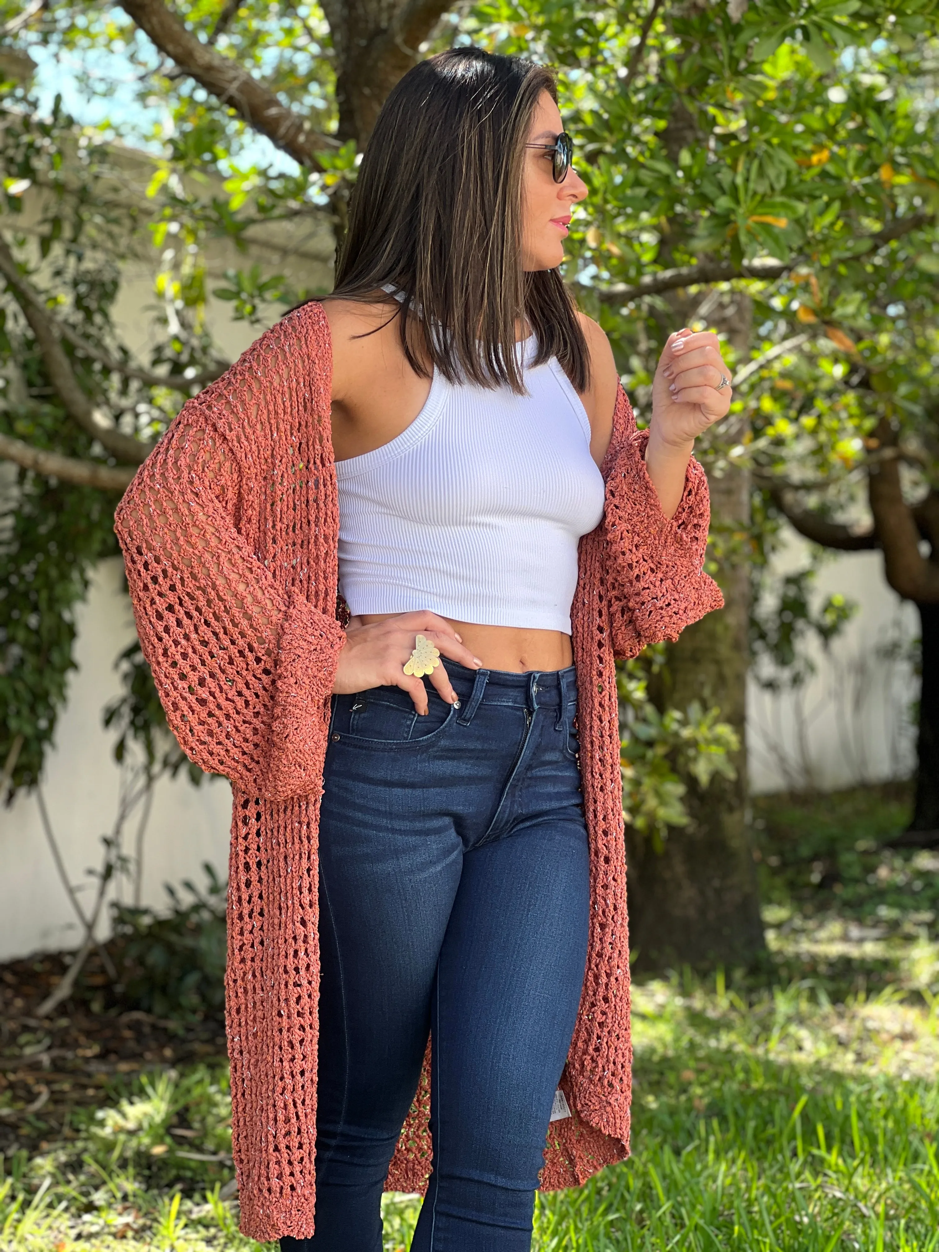 "Hanna" Open Crochet Belted Cardigan