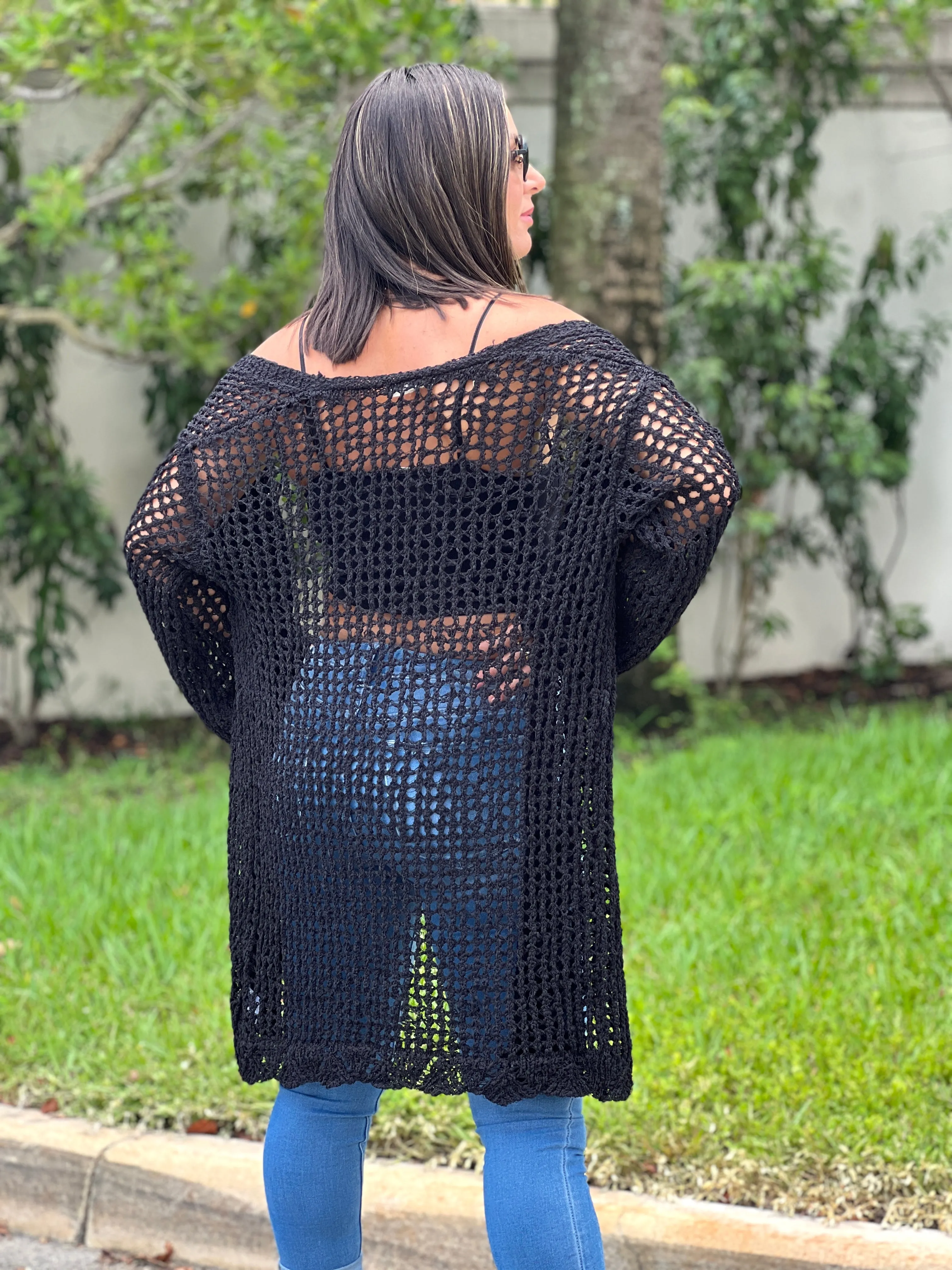 "Hanna" Open Crochet Belted Cardigan