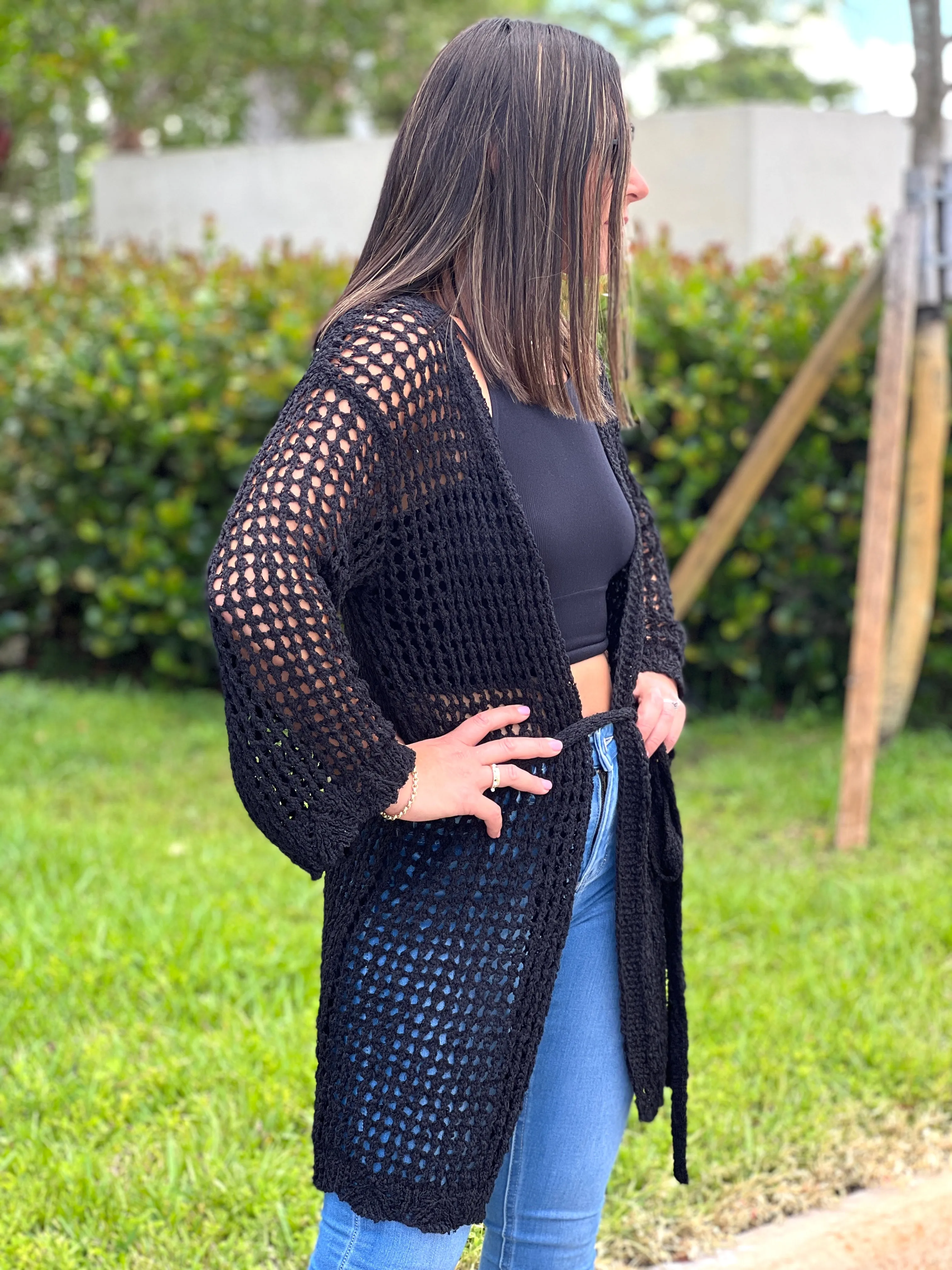 "Hanna" Open Crochet Belted Cardigan