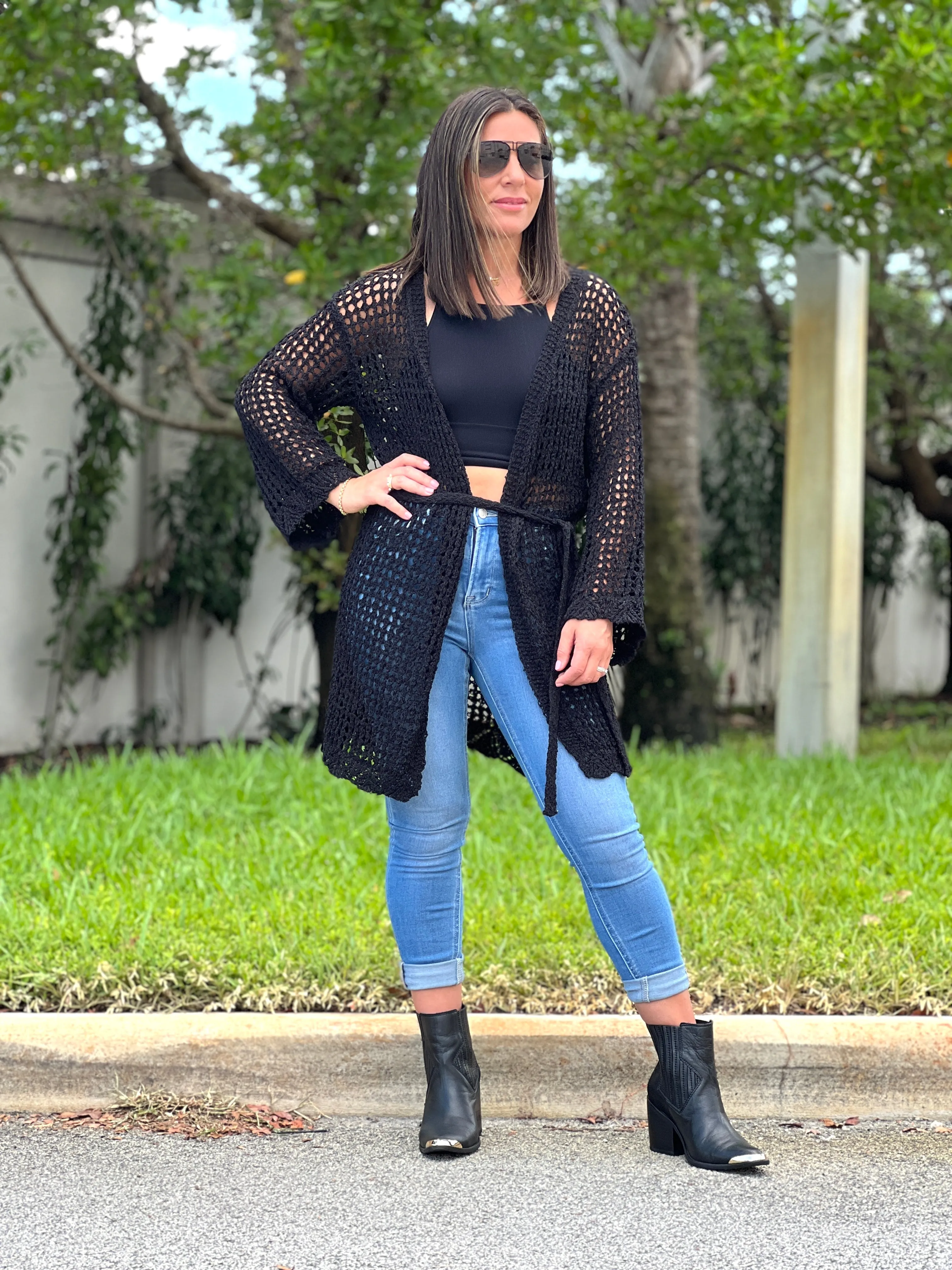"Hanna" Open Crochet Belted Cardigan