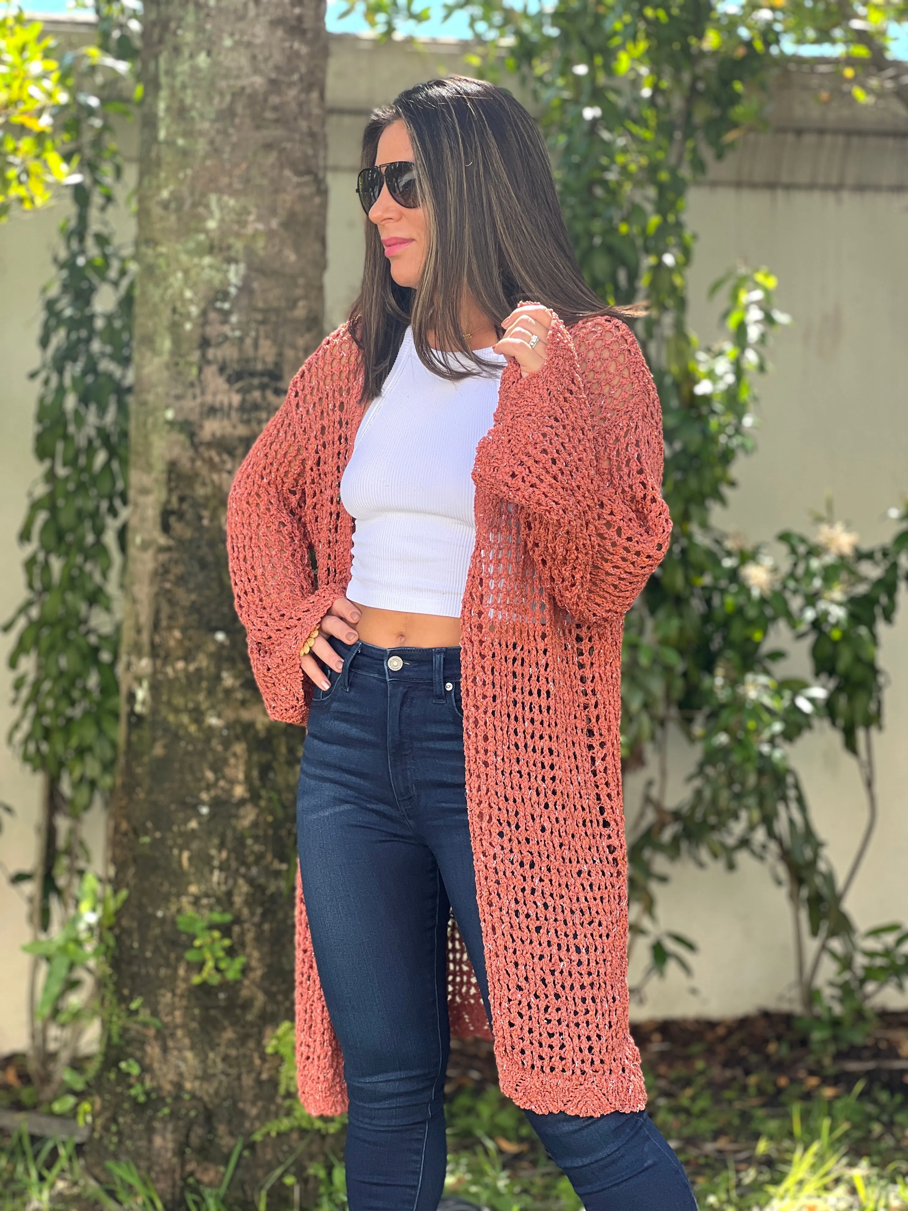"Hanna" Open Crochet Belted Cardigan