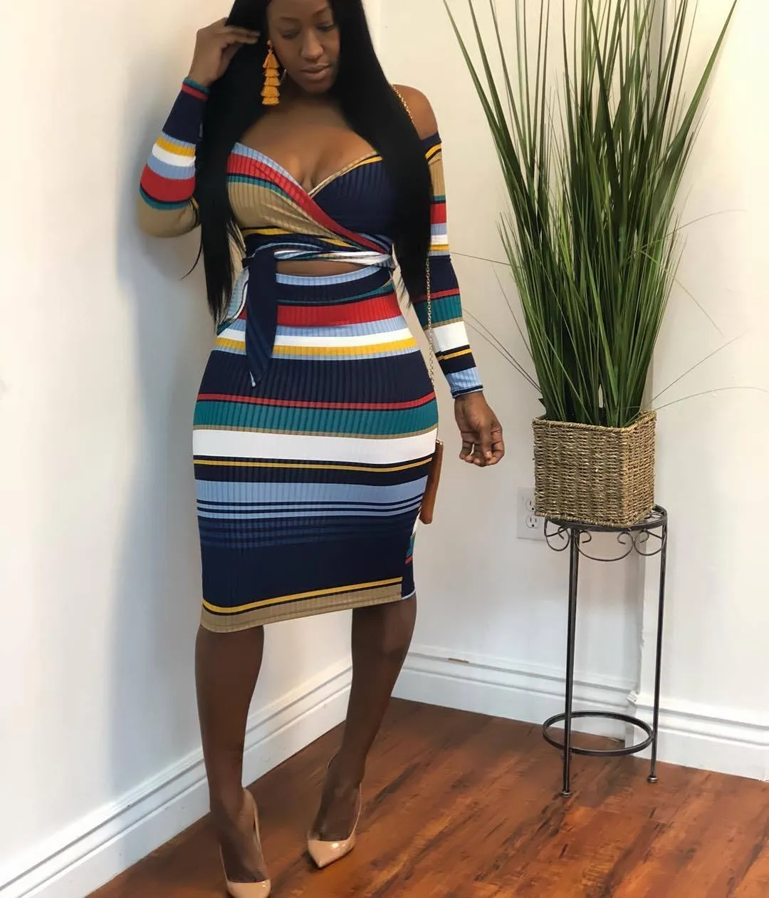 "Tight Stripez" Hollow Out Dress - Blue Multi