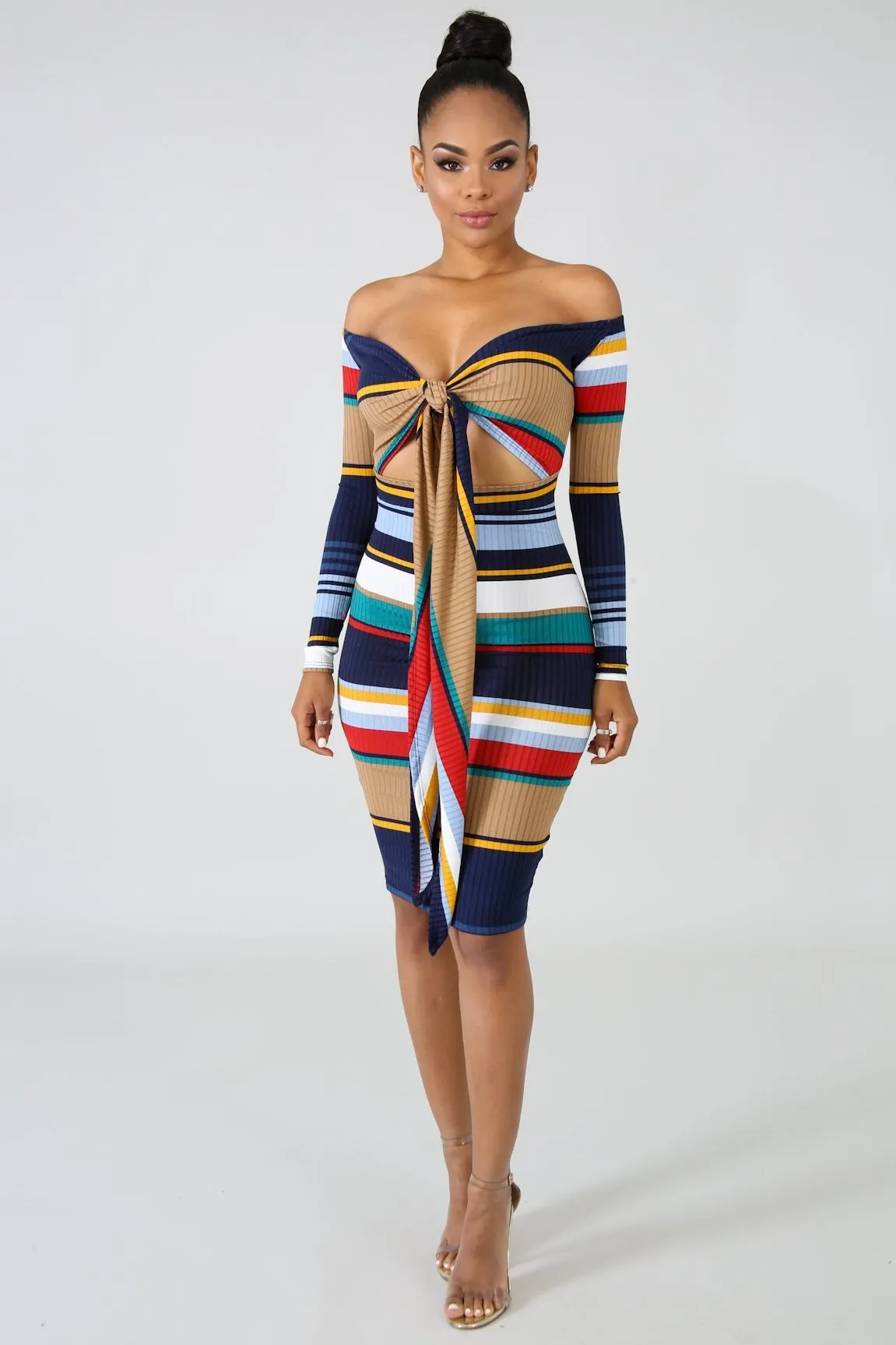 "Tight Stripez" Hollow Out Dress - Blue Multi