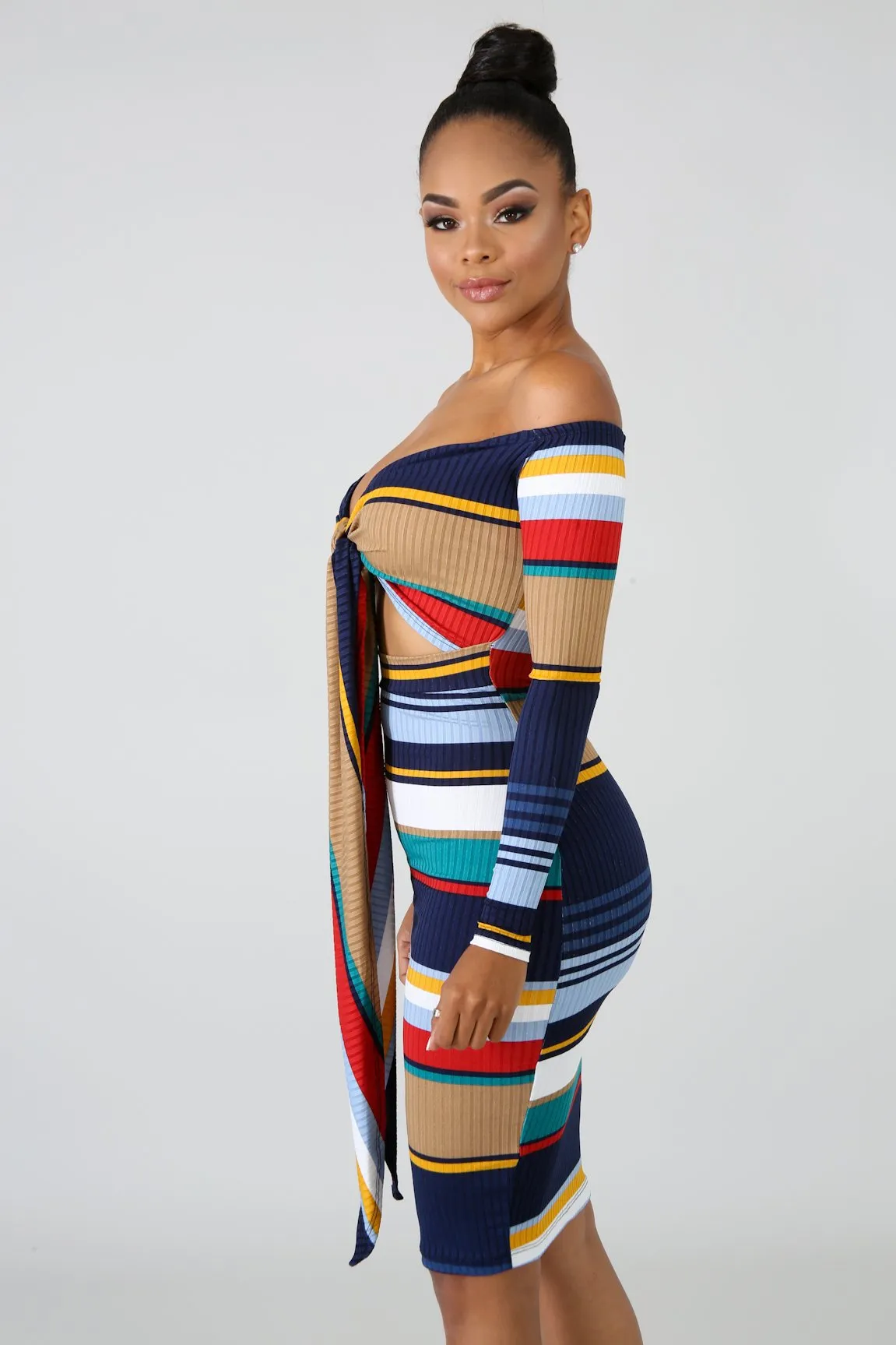 "Tight Stripez" Hollow Out Dress - Blue Multi