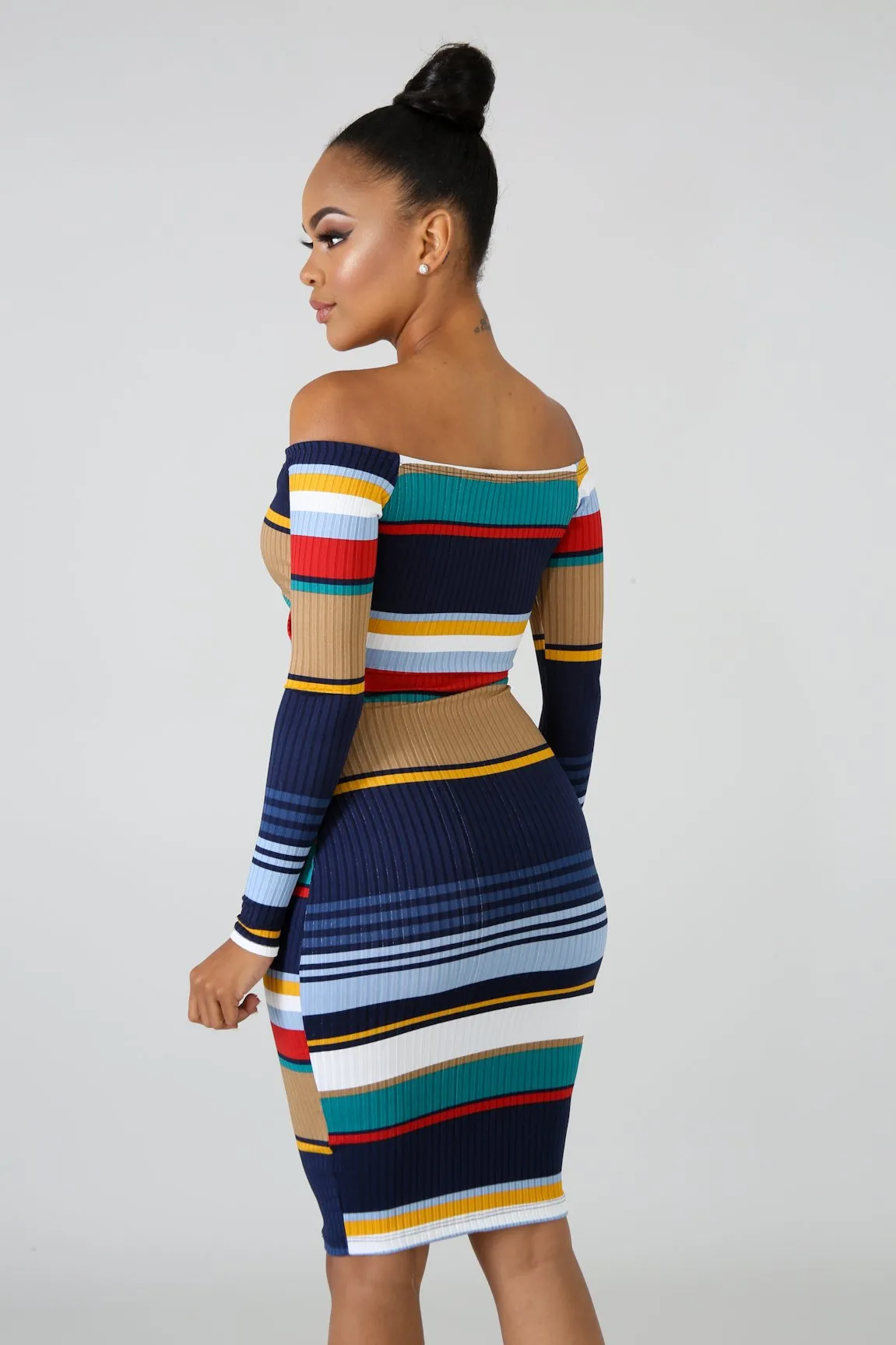 "Tight Stripez" Hollow Out Dress - Blue Multi