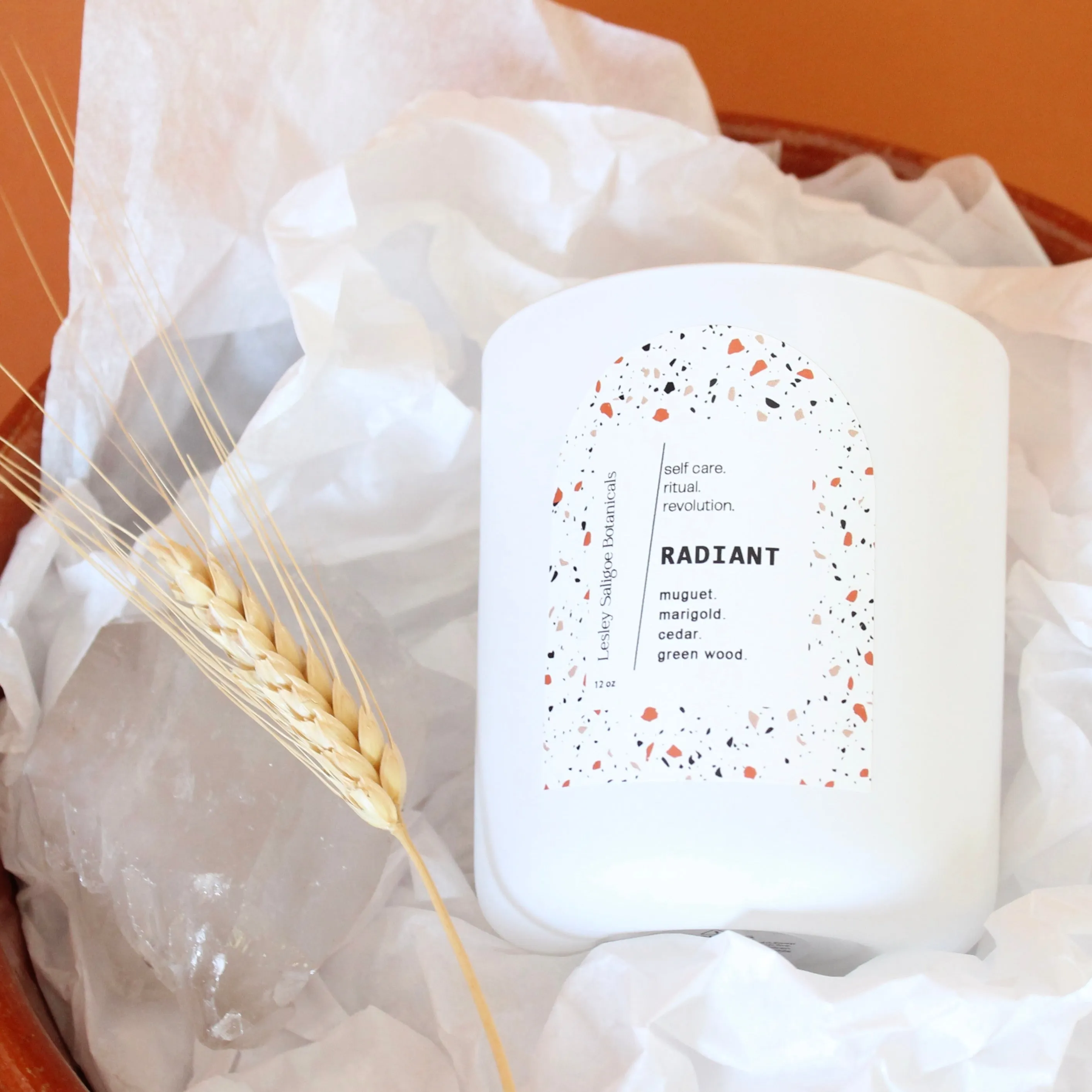 RADIANT Hand Poured Candle. Muguet. Cassis. Cedar. Marigold. Green Wood. Wood Wick. 12 oz. Matte White.