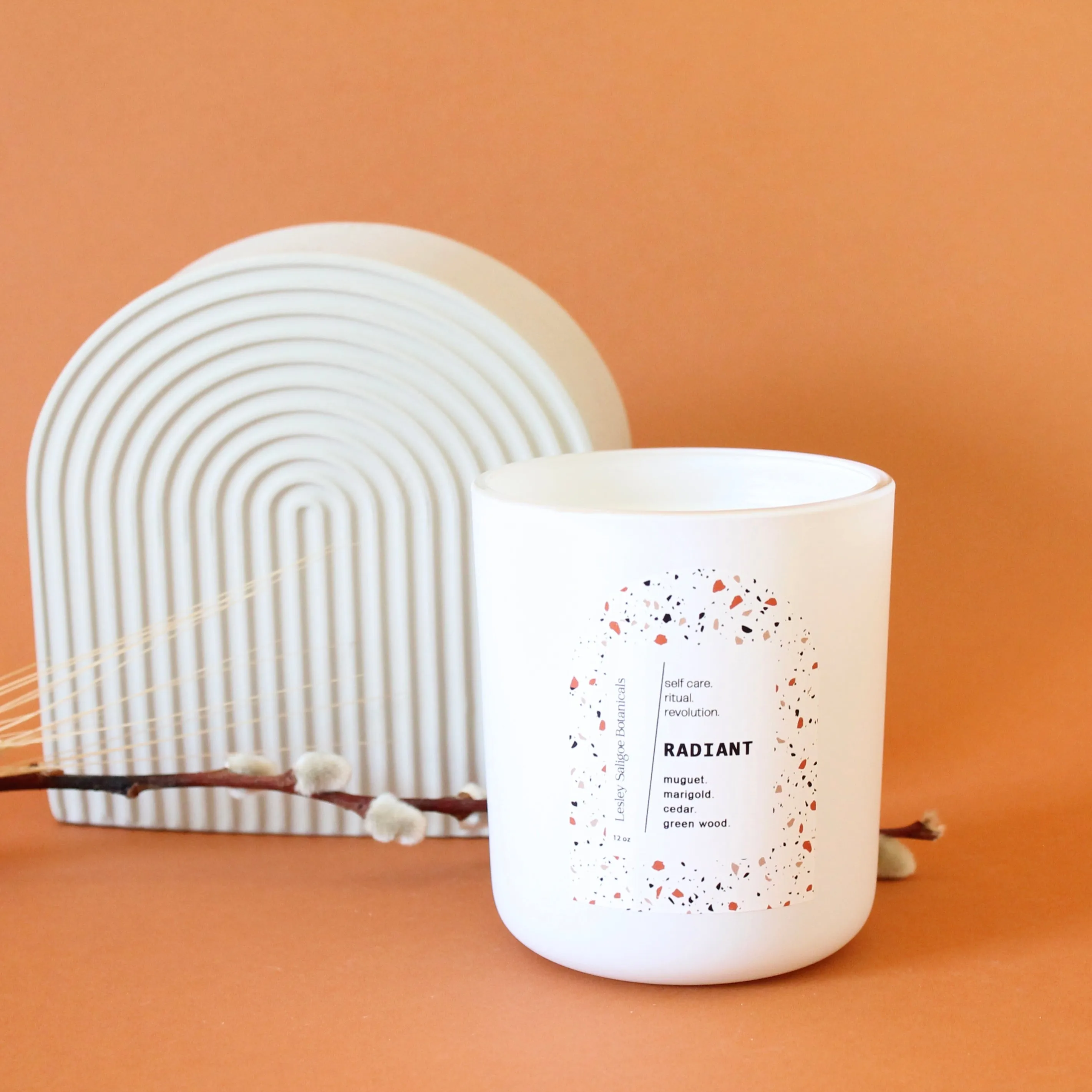 RADIANT Hand Poured Candle. Muguet. Cassis. Cedar. Marigold. Green Wood. Wood Wick. 12 oz. Matte White.