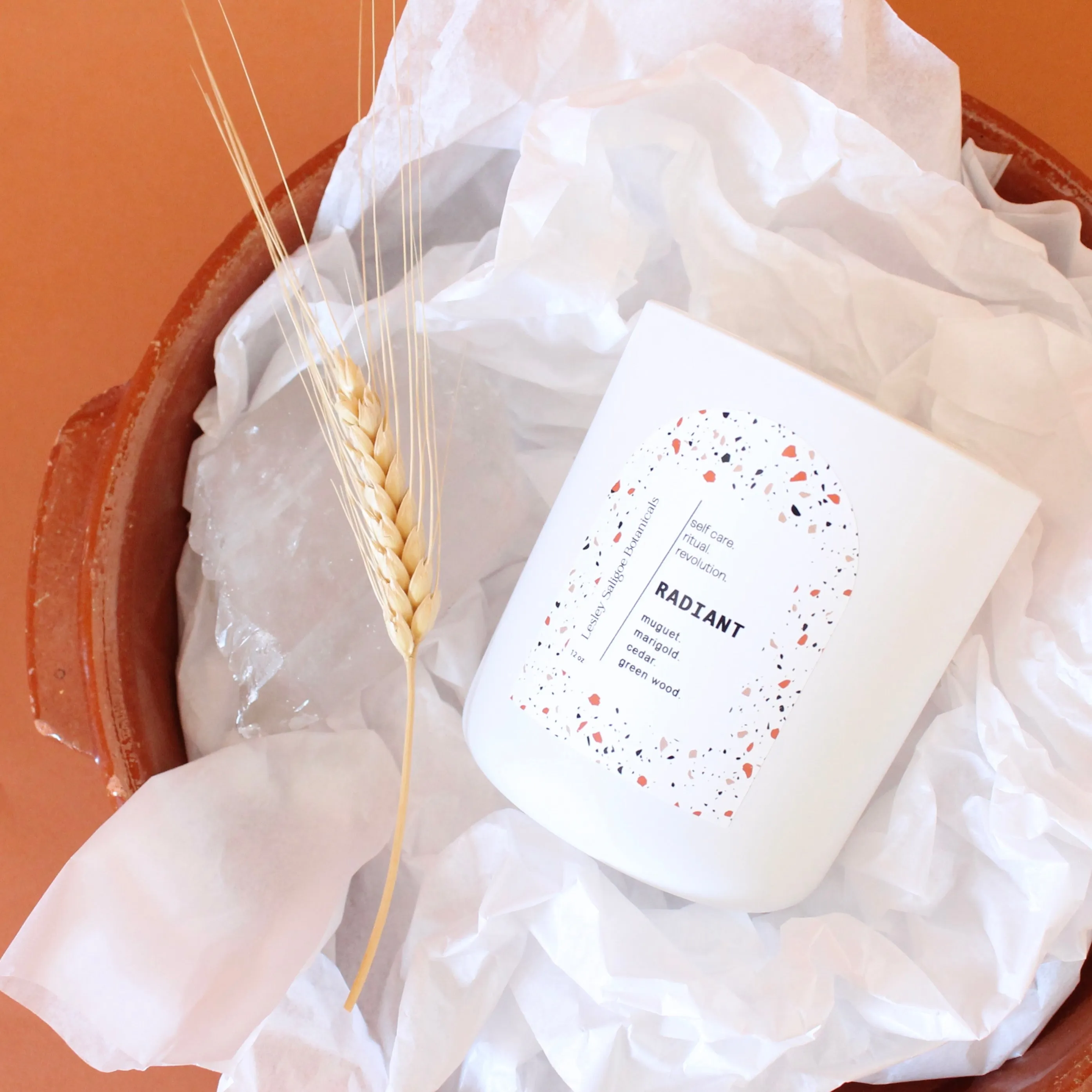 RADIANT Hand Poured Candle. Muguet. Cassis. Cedar. Marigold. Green Wood. Wood Wick. 12 oz. Matte White.