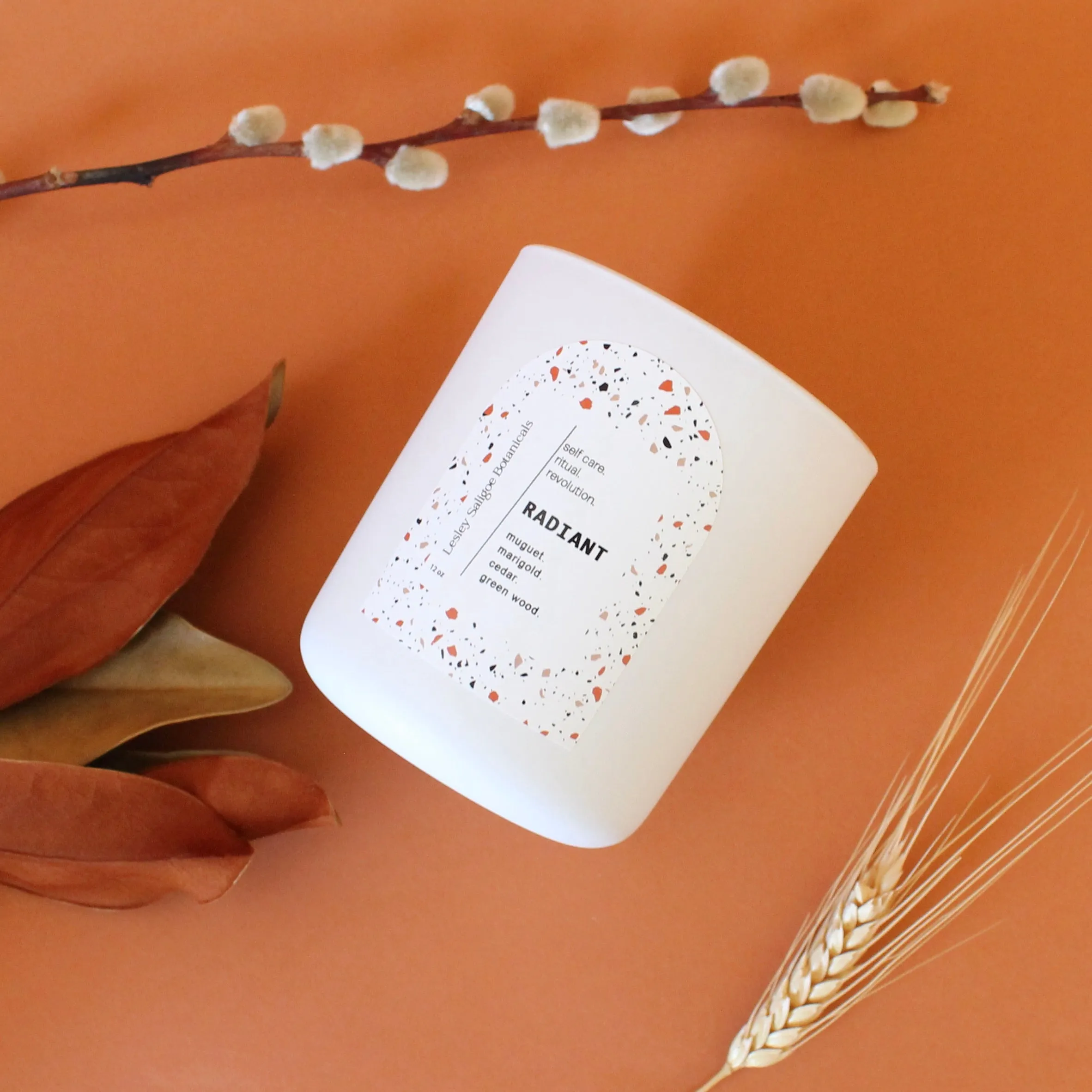 RADIANT Hand Poured Candle. Muguet. Cassis. Cedar. Marigold. Green Wood. Wood Wick. 12 oz. Matte White.