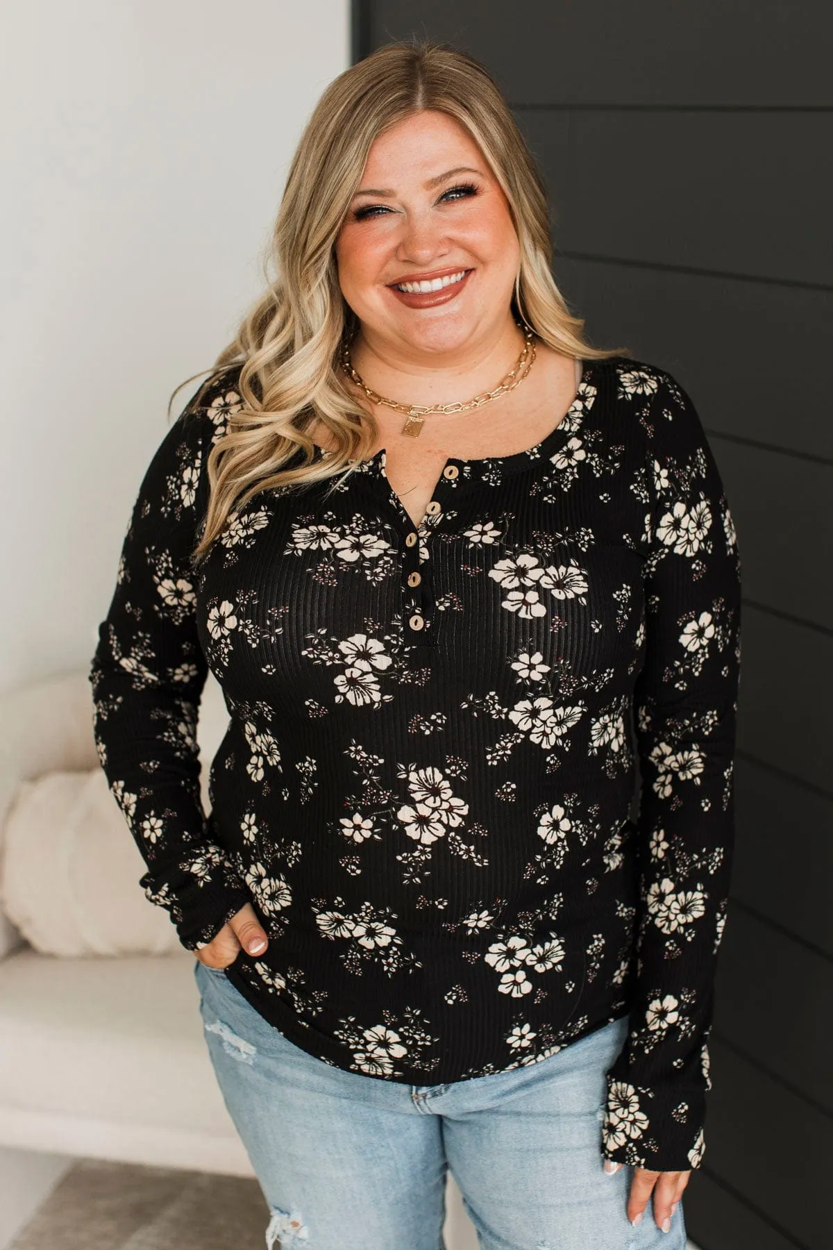 Real Love Lasts Floral Henley Top- Black & Taupe