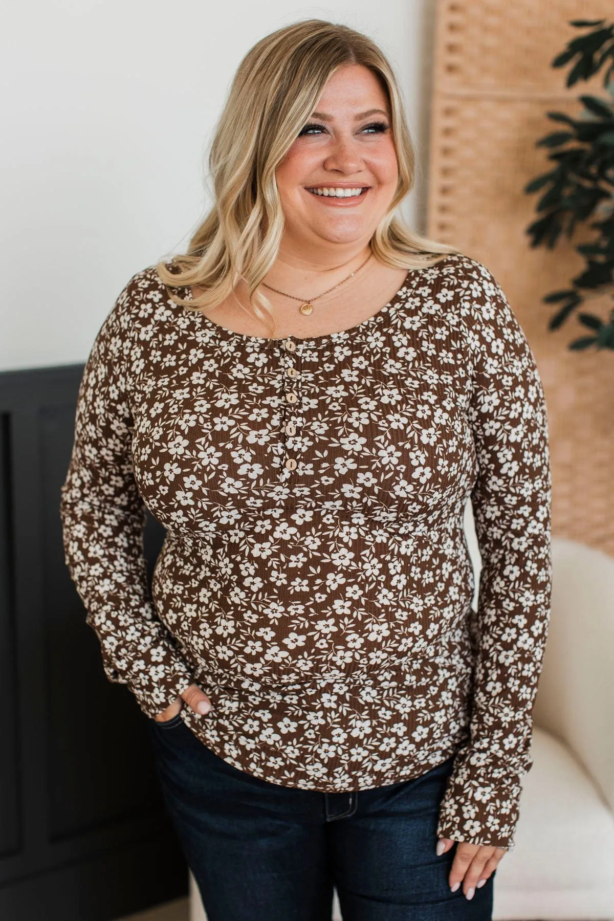 Real Love Lasts Floral Henley Top- Brown