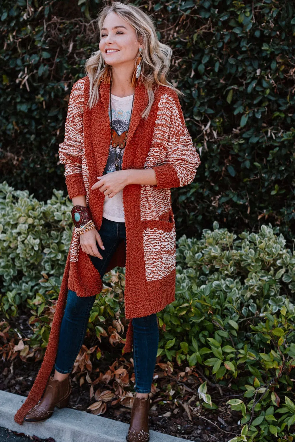 Red Contrast Trim Long Sleeve Belted Cardigan