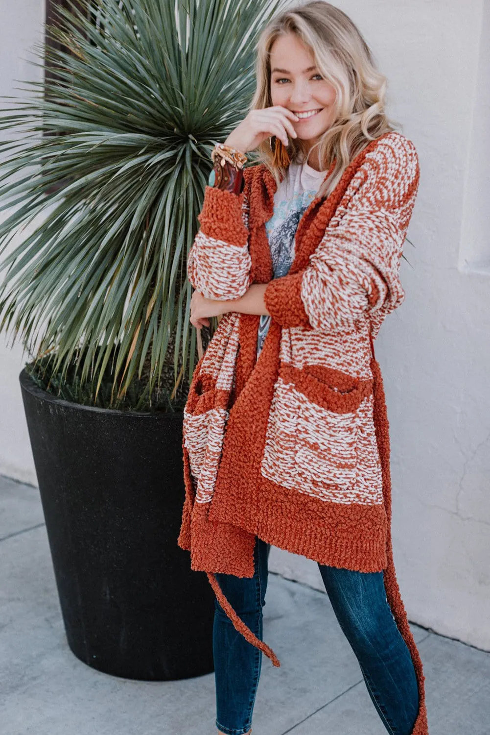 Red Contrast Trim Long Sleeve Belted Cardigan