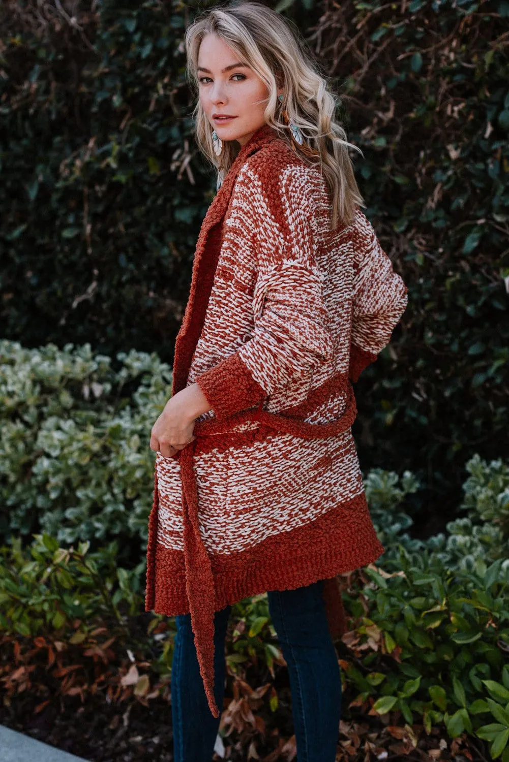 Red Contrast Trim Long Sleeve Belted Cardigan
