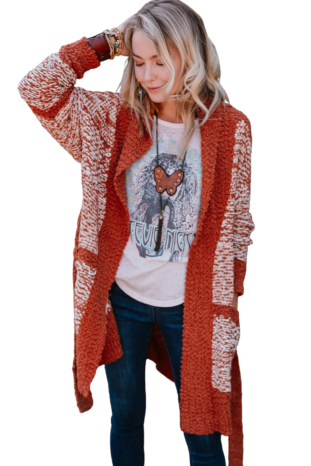 Red Contrast Trim Long Sleeve Belted Cardigan