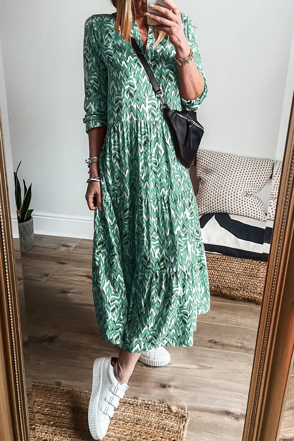 Red Plus Size Abstract Print Notch V Neck High Waist Maxi Dress