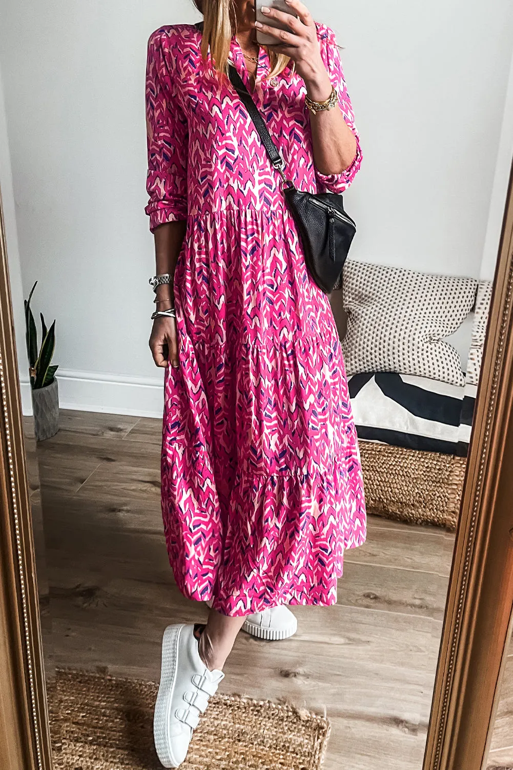 Red Plus Size Abstract Print Notch V Neck High Waist Maxi Dress