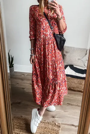 Red Plus Size Abstract Print Notch V Neck High Waist Maxi Dress