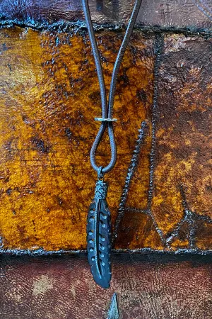 Remagine Designs Dark Diamond Feather and Clasp Leather Necklace