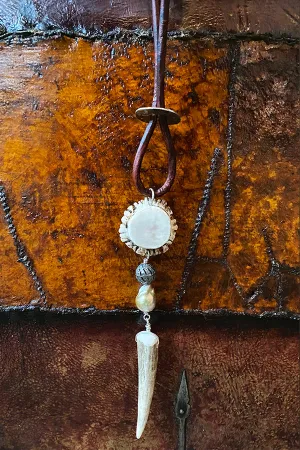 Remagine Designs White Diamond Feather and Clasp Leather Necklace