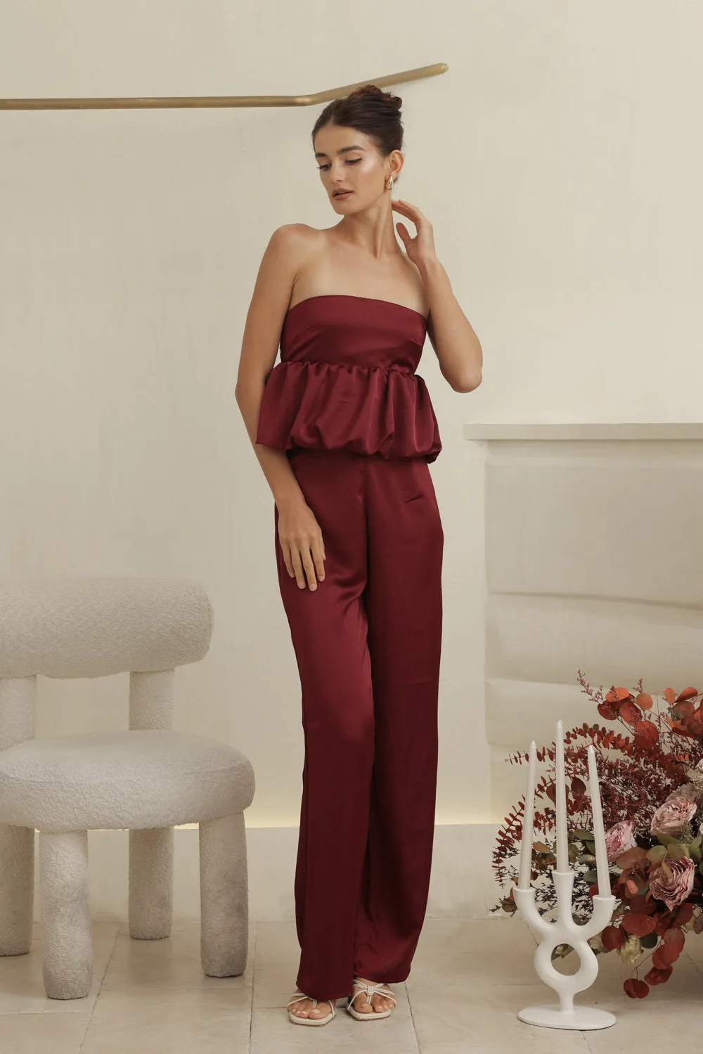 REMI PANT SET Strapless Peplum Top and Straight Cut Pant (Maroon Silk Crepe)